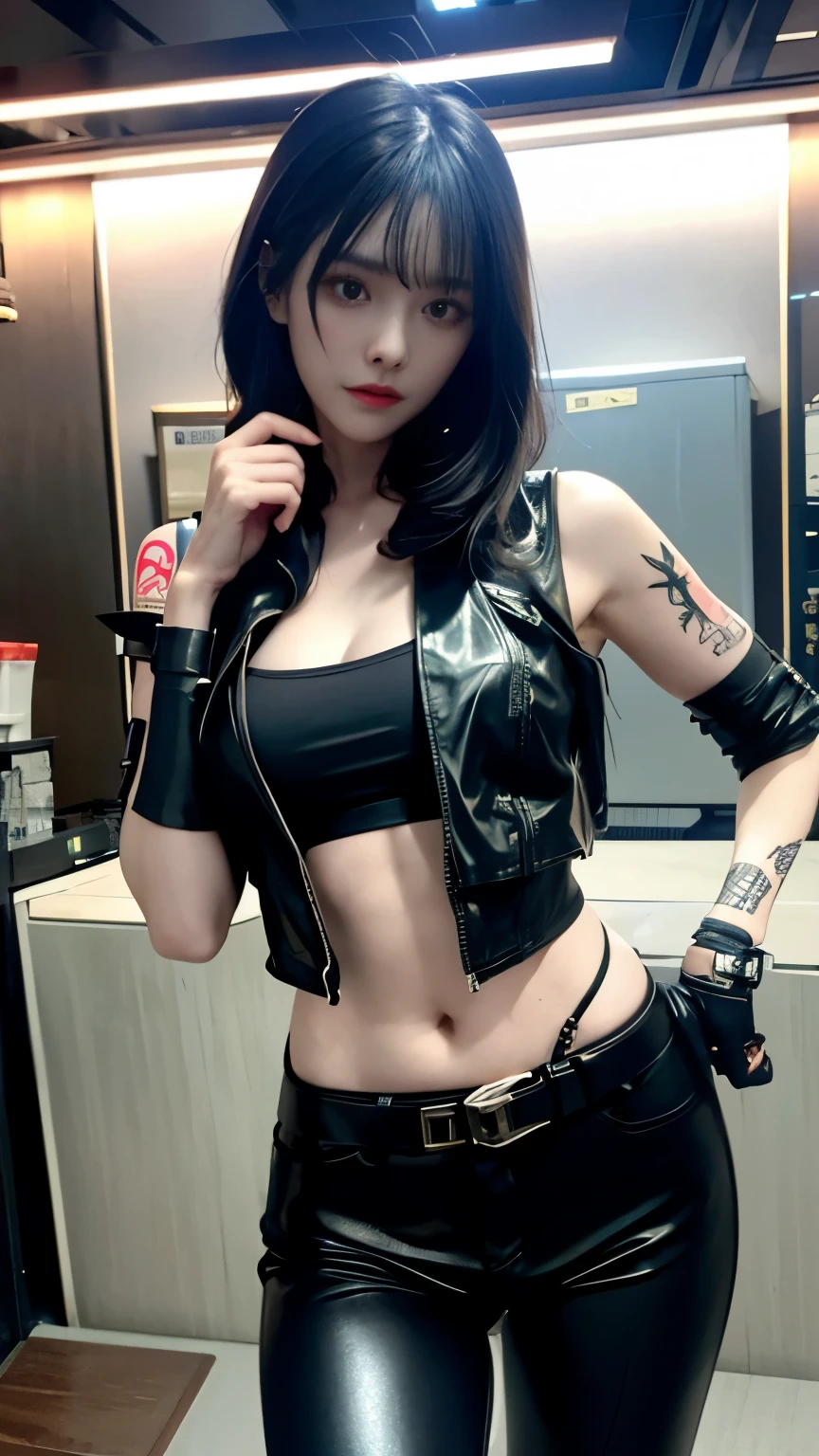 (highest quality)，masterpiece，Super detailed，8K, UHD，Beautiful woman，japanese woman，No expression，whole body，((tattoo))，slim，black leather pants，black leather vest，(female mafia)，gangster，(cyberpunk city)，night，cinematic lightening，underworld