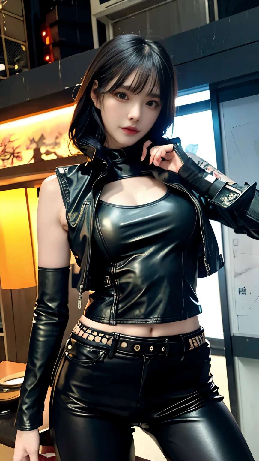 (highest quality)，masterpiece，Super detailed，8K, UHD，Beautiful woman，japanese woman，No expression，whole body，((tattoo))，slim，black leather pants，black leather vest，(female mafia)，gangster，(cyberpunk city)，night，cinematic lightening，underworld