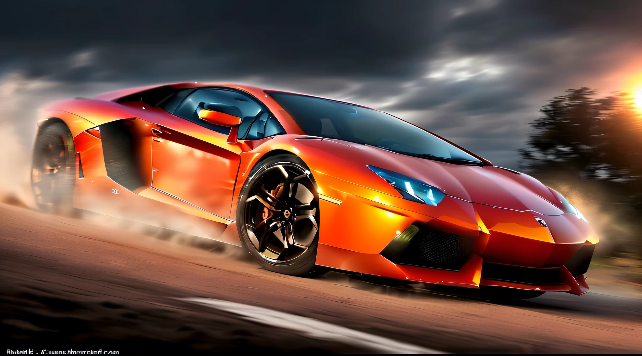 photo of a Lamborghini aventador ,8k uhd,high quality,road,sunset,motion blur,depth blur,cinematic,filmic image 4k,8k with [George Miller's Mad Max style]. The image should be [ultra-realistic],with [high-resolution] captured in [natural light]. The lighting should create [soft shadows] and showcase the [raw] and [vibrant colors],