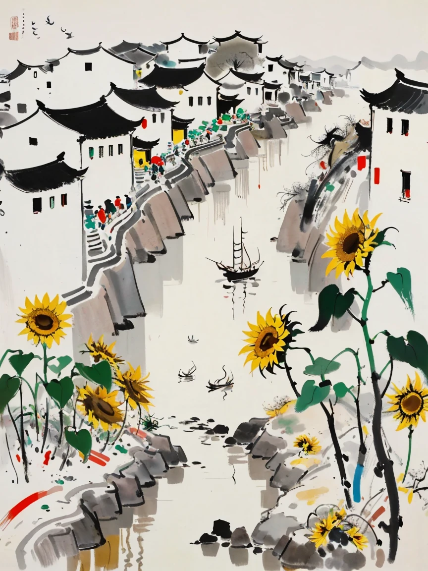 Wu Guanzhong style，Emerging young artists supported by Wu Guanzhong，Through the fusion of traditional and modern elements，((Along the River During Qingming Festival))，((Beauty, In sunflowers))，The entire scene is depicted vividly and in the artistic style of Wu Guanzhong，That is, using the techniques of Chinese ink painting combined with modern composition and color，Showing a unique modern Chinese aesthetic，WuGuanZhong