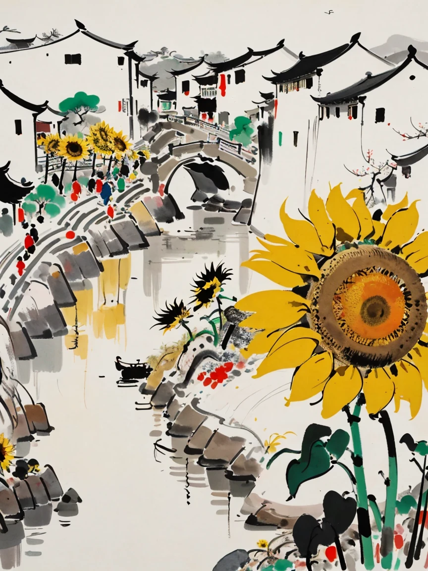 Wu Guanzhong style，Emerging young artists supported by Wu Guanzhong，Through the fusion of traditional and modern elements，((Along the River During Qingming Festival))，((Beauty, In sunflowers))，The entire scene is depicted vividly and in the artistic style of Wu Guanzhong，That is, using the techniques of Chinese ink painting combined with modern composition and color，Showing a unique modern Chinese aesthetic，WuGuanZhong