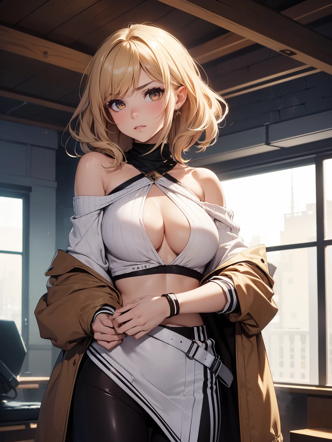 (best quality, 4k, 8k, highres, masterpiece:1.2),
	ultra-detailed,
	detailed face,
	detailed lips and eyes,
	attractive appearance,
	expressive face,
	anime style,
BREAK
	Valerie the Thief beautiful caucasian woman with messy wavy (shoulder length:1.3) blonde hair,
	(age 23 years old),
	((big eyes)),
	(brown eyes:1.4),
	brown eyebrows,
	fair skin,
	lean and athletic,
	short female,
BREAK
	detailed perfect fingers,
	perfect hands,
	detailed perfect face,
	intense blushing,
	open mouth,
	smirk,
	arrogant caring slightly shy and slutty expression,
	(solo:1.2),
BREAK
	Fencing Champion Costume,
	Step into the role of a skilled and elegant fencing champion with this costume,
	Start with a white fencing jacket or blouse paired with fitted white fencing pants or leggings,
	Add a traditional fencing mask and gloves to complete the protective gear ensemble,
	Accentuate the look with a colored fencing jacket or vest to represent your team or country,
BREAK
	Incorporate metallic or foil-like accents, such as metallic trim or buttons, to evoke the fencing equipment's aesthetic,
	Carry a prop fencing foil or épée to complete the outfit, Rapier, Foil, Sabre,
	With this costume, you'll exude confidence and prowess as a fencing champion,
BREAK
	(undressing:1.6),
	(off shoulder top:1.6),
	shirt_pull,
	sports bra,
	focus on breasts, shirt lift, (half undress:1.6),
BREAK
	(sad:1.0), (angry:1.2), (blush:1.0), (badmood:1.2), (unamused:1.1), (open mouth:0.9), (seductive smile:0.8), :o, (embarrassed), staring, disgusted eyes, flustered, 
BREAK
	masterpiece background, well-organized composition, Amazing,
	locker room,
	alluring diverse and dynamic poses,
	ray tracing,
	sunshine beam through window.