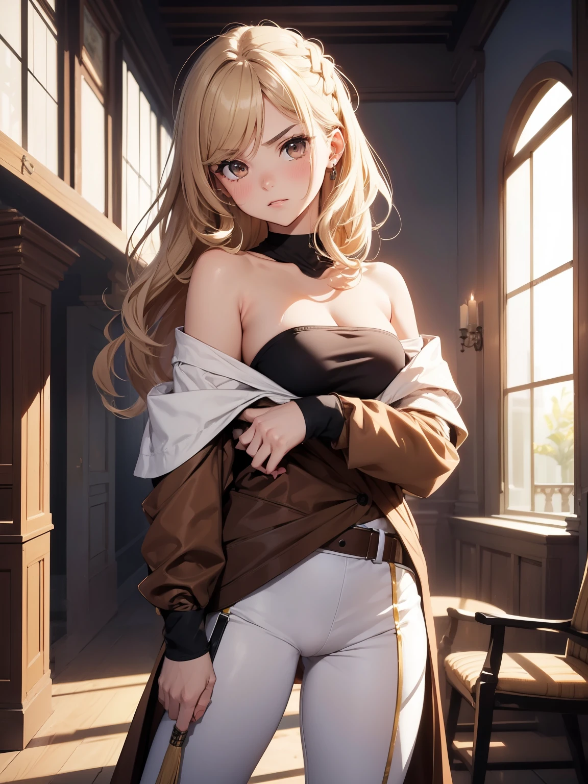 (best quality, 4k, 8k, highres, masterpiece:1.2),
	ultra-detailed,
	detailed face,
	detailed lips and eyes,
	attractive appearance,
	expressive face,
	anime style,
BREAK
	Valerie the Thief beautiful caucasian woman with messy wavy (shoulder length:1.3) blonde hair,
	(age 23 years old),
	((big eyes)),
	(brown eyes:1.4),
	brown eyebrows,
	fair skin,
	lean and athletic,
	short female,
BREAK
	detailed perfect fingers,
	perfect hands,
	detailed perfect face,
	intense blushing,
	open mouth,
	smirk,
	arrogant caring slightly shy and slutty expression,
	(solo:1.2),
BREAK
	Fencing Champion Costume,
	Step into the role of a skilled and elegant fencing champion with this costume,
	Start with a white fencing jacket or blouse paired with fitted white fencing pants or leggings,
	Add a traditional fencing mask and gloves to complete the protective gear ensemble,
	Accentuate the look with a colored fencing jacket or vest to represent your team or country,
BREAK
	Incorporate metallic or foil-like accents, such as metallic trim or buttons, to evoke the fencing equipment's aesthetic,
	Carry a prop fencing foil or épée to complete the outfit, Rapier, Foil, Sabre,
	With this costume, you'll exude confidence and prowess as a fencing champion,
BREAK
	(undressing:1.6),
	(off shoulder top:1.6),
	shirt_pull,
	sports bra,
	focus on breasts, shirt lift, (half undress:1.6),
BREAK
	(sad:1.0), (angry:1.2), (blush:1.0), (badmood:1.2), (unamused:1.1), (open mouth:0.9), (seductive smile:0.8), :o, (embarrassed), staring, disgusted eyes, flustered, 
BREAK
	masterpiece background, well-organized composition, Amazing,
	locker room,
	alluring diverse and dynamic poses,
	ray tracing,
	sunshine beam through window.