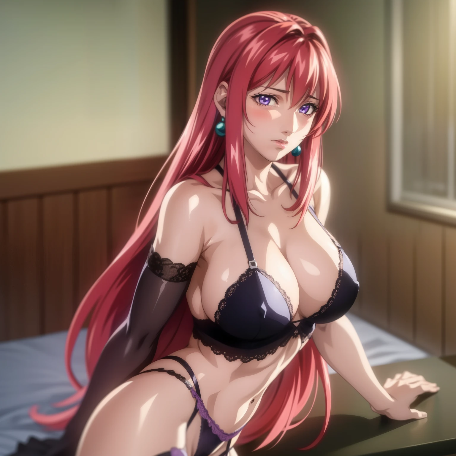 (Top Quality, Super Detail, Anime Images, Game CG, Art CG, Photorealistic, Movie Lighting, Perfect Shadows, Realistic Lighting Shading, Unity8k Wallpaper), Hiroko Takashiro, Red Hair, Nude, Big Breasts, Long Hair, Mature Woman, (Purple Eyes), Perfect Eyes, Perfect Face, Earrings, (Black Thighs, Purple Garter Belt: 1.1), Bible Black Style, Vulgarityblush, nose, watch viewer, sexy pose