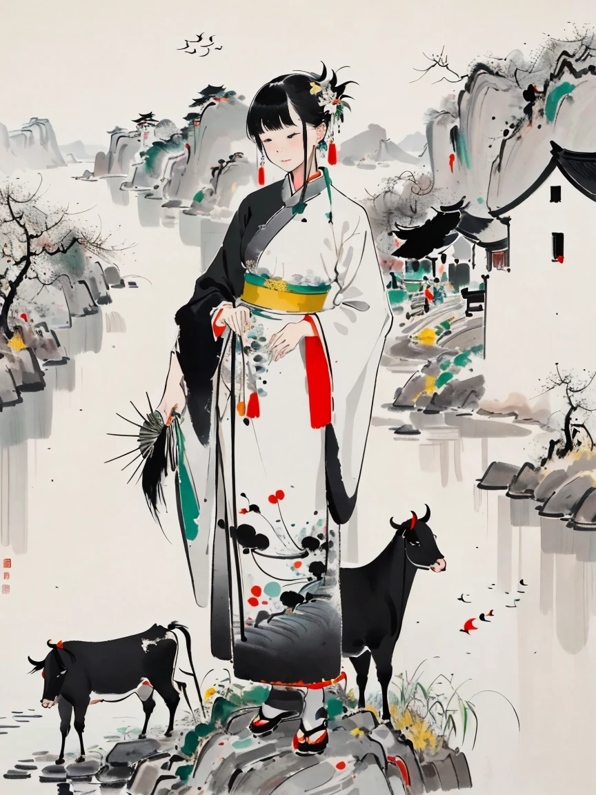 Wu Guanzhong style，Emerging young artists supported by Wu Guanzhong，Through the fusion of traditional and modern elements，It rains during the Qingming season，a lovely chinese lady，(Dressed in light-colored Hanfu)，((Weeding with a hoe))，((A black cow eats grass))，she is in the fields，River in the distance、grassland，There are mountains in the distance，Birds circling in the sky，Green onions。The entire scene is depicted vividly and in the artistic style of Wu Guanzhong，That is, using the techniques of Chinese ink painting combined with modern composition and color，Showing a unique modern Chinese aesthetic，WuGuanZhong