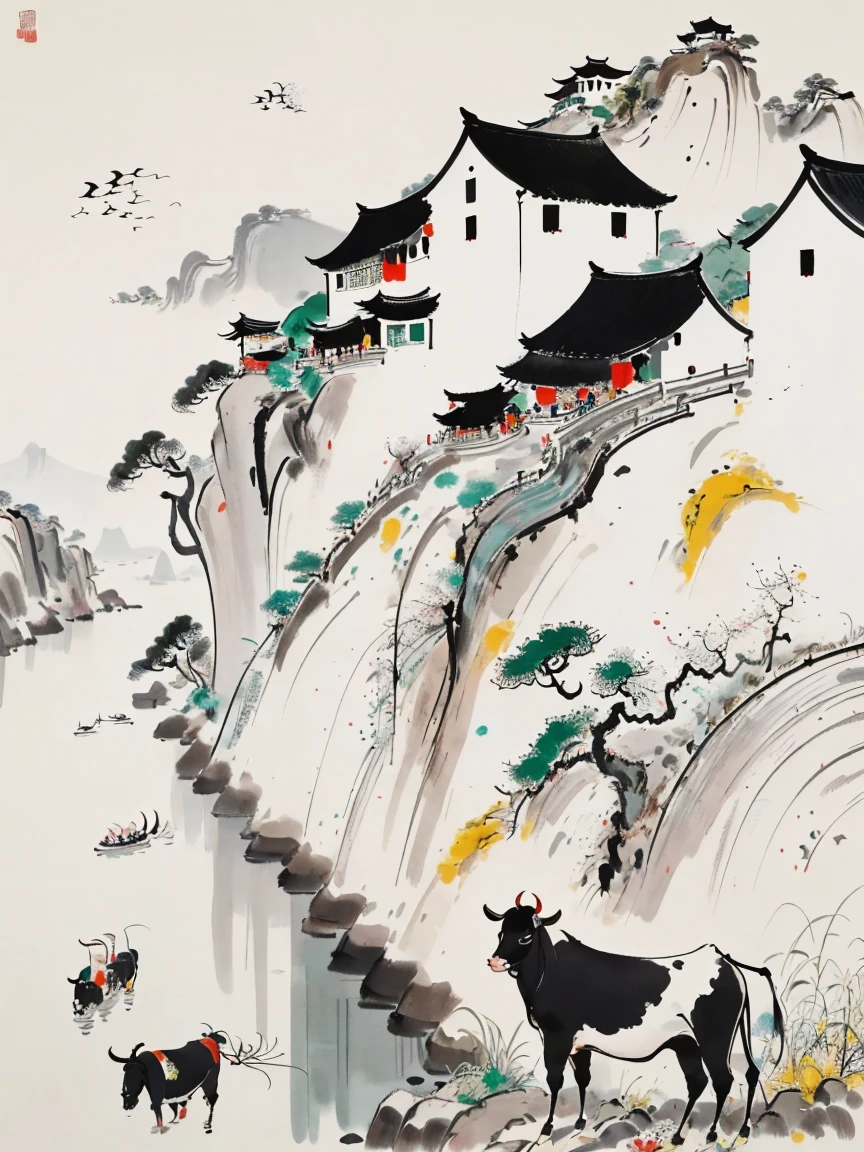 Wu Guanzhong style，Emerging young artists supported by Wu Guanzhong，Through the fusion of traditional and modern elements，It rains during the Qingming season，a lovely chinese lady，(Dressed in light-colored Hanfu)，((Weeding with a hoe))，((A black cow eats grass))，she is in the fields，River in the distance、grassland，There are mountains in the distance，Birds circling in the sky，Green onions。The entire scene is depicted vividly and in the artistic style of Wu Guanzhong，That is, using the techniques of Chinese ink painting combined with modern composition and color，Showing a unique modern Chinese aesthetic，WuGuanZhong