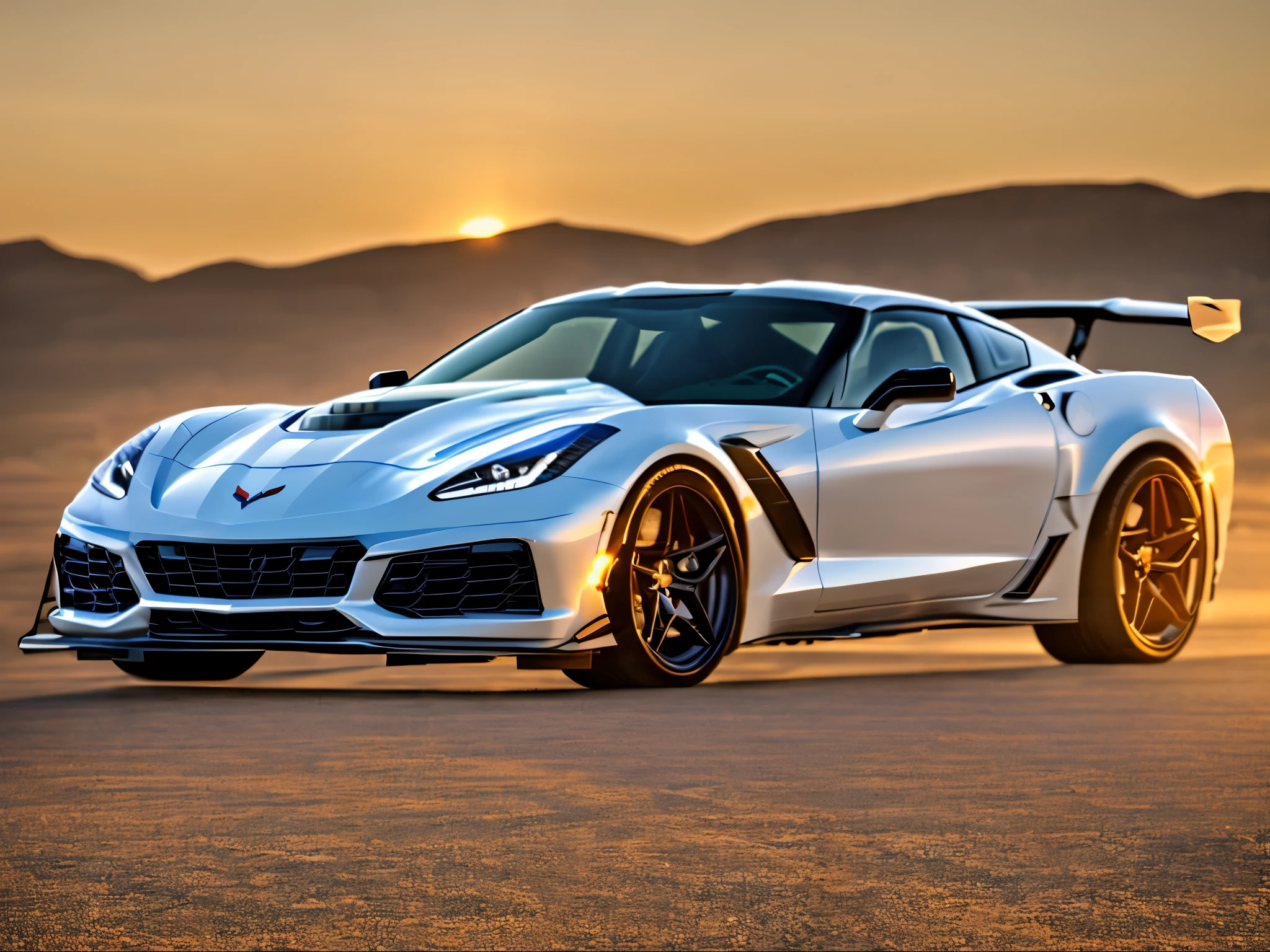 photo of a chevrolet corvette ,8k uhd,high quality,road,sunset,motion blur,depth blur,cinematic,filmic image 4k,8k with [George Miller's Mad Max style]. The image should be [ultra-realistic],with [high-resolution] captured in [natural light]. The lighting should create [soft shadows] and showcase the [raw] and [vibrant colors],