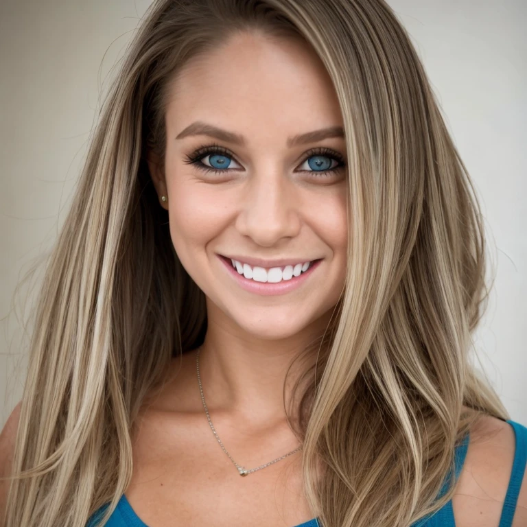 "Create a portrait of a young woman with a radiant and open smile. She should have sparkling blue eyes, natural blonde waves, and a sun-kissed complexion with a touch of rosiness on her cheeks. Her clothing is casually stylish, featuring a white scoop-neck shirt and a contemporary blue top with a v-neck crossover design. The setting is minimalist, with soft, even lighting and a simple, mottled gray background that enhances her approachable and cheerful demeanor. --ar 3:4 --v 6.0 --style raw"