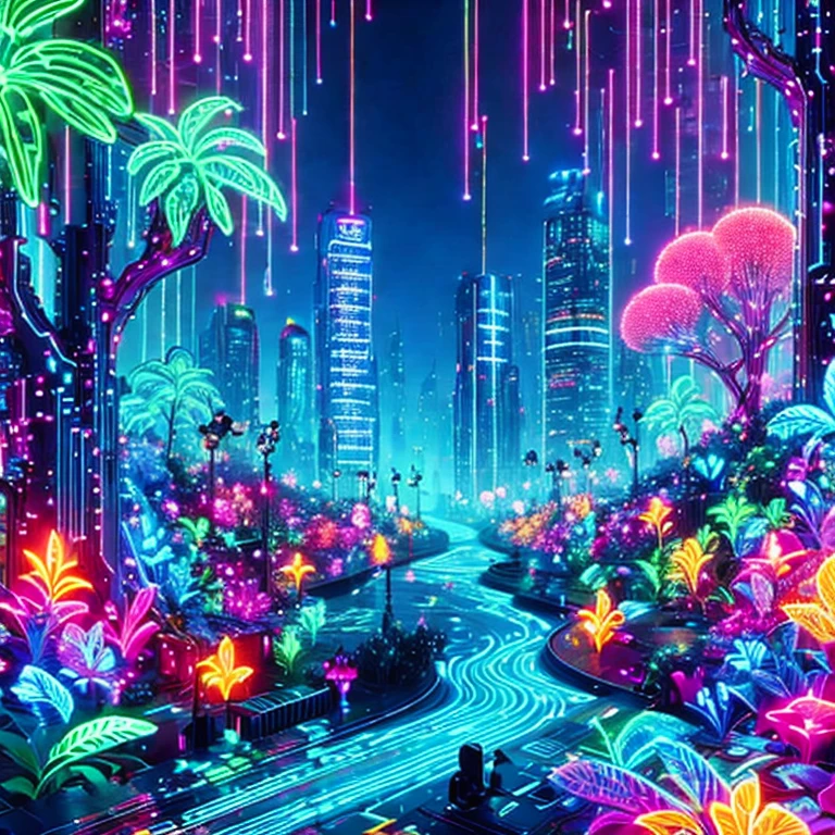 (masterpiece, best quality:1.2), A futuristic city illuminated by neon lights, with glowing plants, buildings that resemble circuit boards, roads flowing with liquid light, and colorful beams of light and spaceships in the sky.