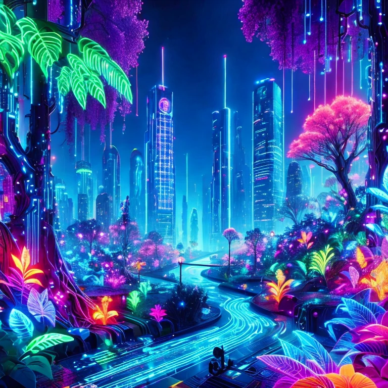 (masterpiece, best quality:1.2), A futuristic city illuminated by neon lights, with glowing plants, buildings that resemble circuit boards, roads flowing with liquid light, and colorful beams of light and spaceships in the sky.