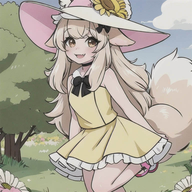 (masterpiece, best quality:1.2), 1girl, solo, dog girl, cute girl, samoyed girl, dog ears, white dog ears, pointed dog ears, ears through hat, sun hat, blue bow on har, flowers on hat, light blonde hair, bangs, front pig tails, long hair, brown eyes, cute eyes, long eyelashes, cute nose, smile, pink lip gloss, blush, smile, fangs, pink bow choker, strapless dress, yellow dress, yellow sun dress, petticoat, white petticoat, dog tail, fluffy dog tail, curled dog tail, samoyed tail, white plantigrade feet