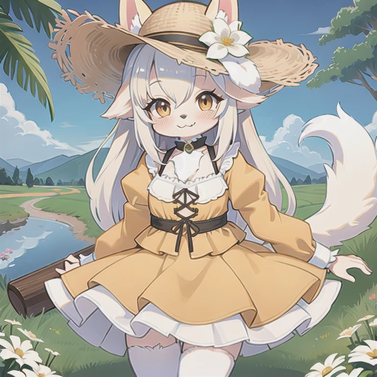 (masterpiece, best quality), 1girl, solo, dog girl, cute girl, samoyed girl, dog ears, white dog ears, pointed dog ears, ears through hat, sun hat, blue bow on har, flowers on hat, light blonde hair, bangs, front pig tails, long hair, brown eyes, cute eyes, long eyelashes, cute nose, smile, pink lip gloss, blush, smile, fangs, pink bow choker, strapless dress, yellow dress, yellow sun dress, petticoat, white petticoat, dog tail, fluffy dog tail, curled dog tail, samoyed tail, white plantigrade feet, white dog feet, white tail, white ears, bare arms, white dog features, plantigrade, Blade and Soul Lyn, fluffy tail, Lyn, canine ears, ears through hat, pointed ears