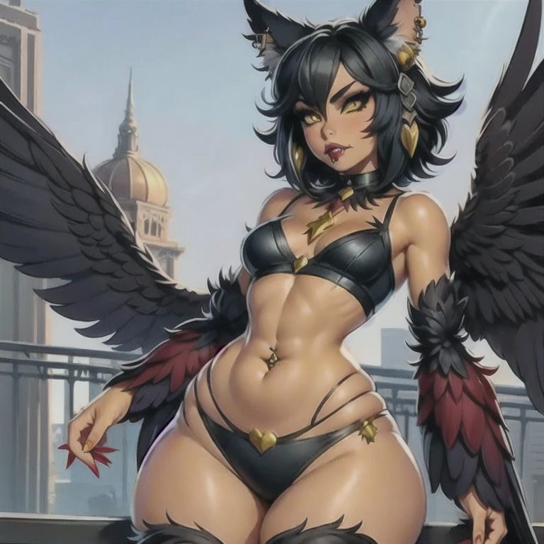 ((best quality)), ((masterpiece)), (detailed), 1girl, solo, harpy, harpy woman, beautiful woman, mature woman, stunning woman, perfect face, seductive, confident, sexy, 20 year old, black hair, wolfcut hair, shaggy hair, bangs, medium hair, short hair, black feathers on forehead, arched eyebrows, yellow eyes, dark skin, tan skin, makeup, eyeshadow, long eyelashes, perfect nose, plump lips, sharp teeth, lipstick, lip gloss, nose ring, face piercing, bridge pierce, lip pierce, septum pierce, medium breasts, small breasts, skinny waist, fit stomach, flat stomach, toned stomach, midriff, navel, winged arms, feathered arms, harpy arms, dark red winged arms, hands, manicure, wide hips, large hips, hourglass figure, thick thighs, gothic, raver, goth raver, fishnets, black plantigrade, catgirl, black nekomimi, black cat ears, griffin girl, monster girl, half african, brown skin, closed mouth