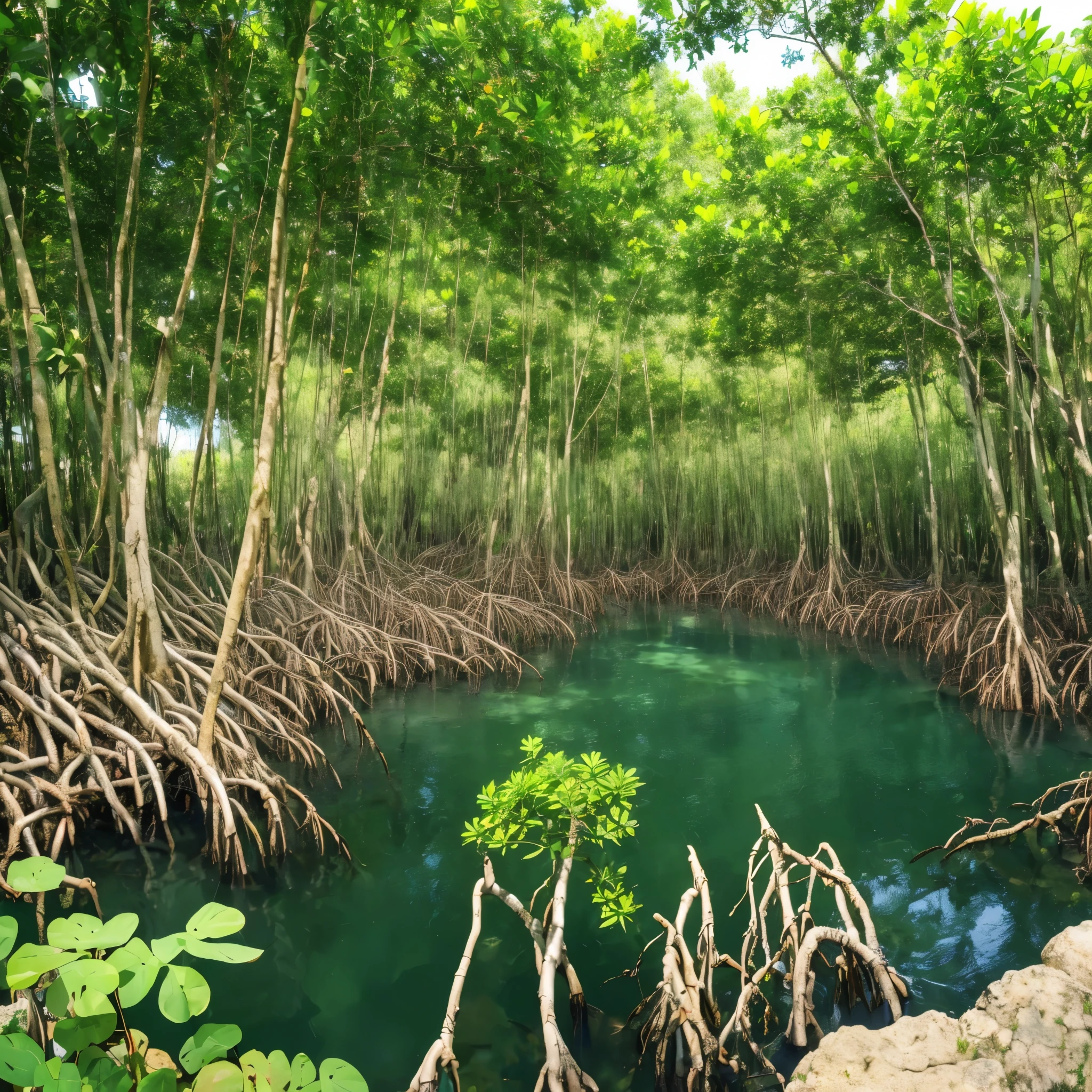 (masterpiece best quality:1.2) (((Mangrove forest))), Swamp, Roots, Flowers, water, Pond, aquatic vegetation, manicured pond, garden pond, rocks, leaves, aquatic vegetation, darkness, Prehistoric forest, horsetails, ((forest)), jungle, palms, ((ferns)), (((castor plants))), castor flowers, huge plants carboniferous forest, 3d art, anime art, dynamic light, (((digital art)))