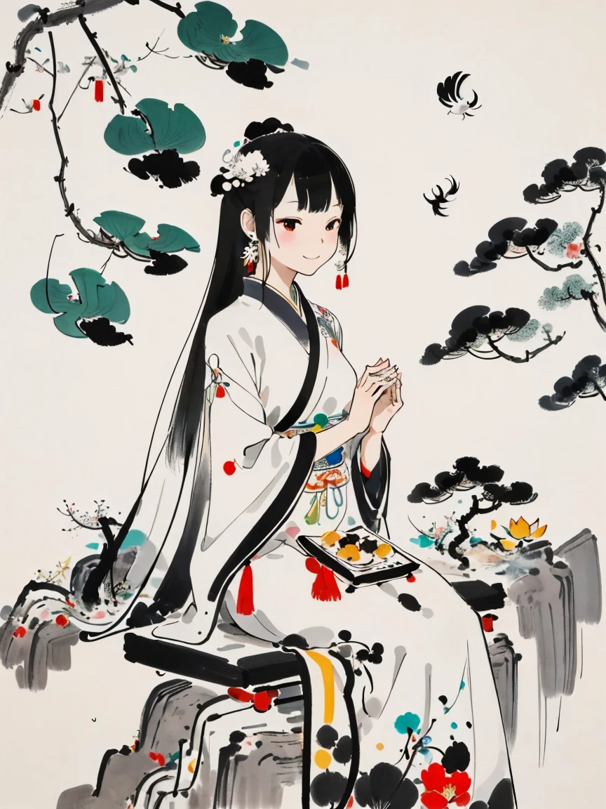 Wu Guanzhong style，Emerging young artists supported by Wu Guanzhong，Through the fusion of traditional and modern elements，Flashing Hanfu Girl，beautiful young goddess，smile softly，She clasped her hands together，Pray and meditate，She is wearing a white dress，Stars twinkling in the blue night sky，you sit on a lotus，In a fantastic atmosphere，Feel as if you are one with the universe，The entire scene is depicted vividly and in the artistic style of Wu Guanzhong，That is, using the techniques of Chinese ink painting combined with modern composition and color，Showing a unique modern Chinese aesthetic，WuGuanZhong