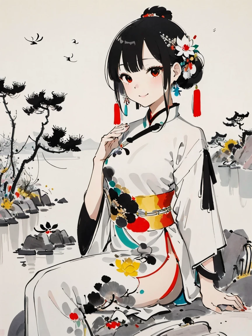 Wu Guanzhong style，Emerging young artists supported by Wu Guanzhong，Through the fusion of traditional and modern elements，Flashing Hanfu Girl，beautiful young goddess，smile softly，She clasped her hands together，Pray and meditate，She is wearing a white dress，Stars twinkling in the blue night sky，you sit on a lotus，In a fantastic atmosphere，Feel as if you are one with the universe，The entire scene is depicted vividly and in the artistic style of Wu Guanzhong，That is, using the techniques of Chinese ink painting combined with modern composition and color，Showing a unique modern Chinese aesthetic，WuGuanZhong