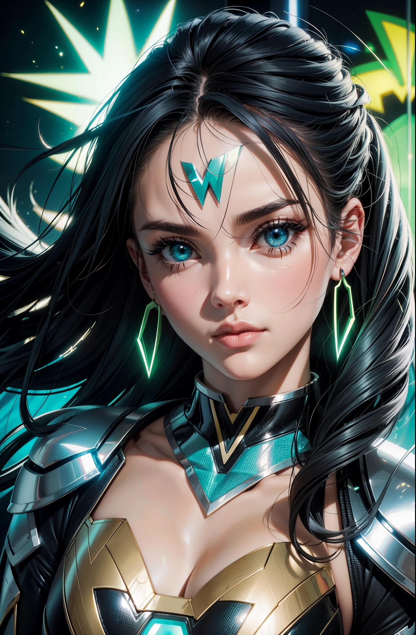 Ville combat entre super vilain et super hero, superhero, Electricity Particle Effect, Super pouvoir, Electric logo suit on torso, Une belle fille avec, HD Portrait, (High quality) (ultra details) Regarder le spectateur en tenue de ville de style hip-hop; different, colourfull, Cheveux très vert 🍏 electrique