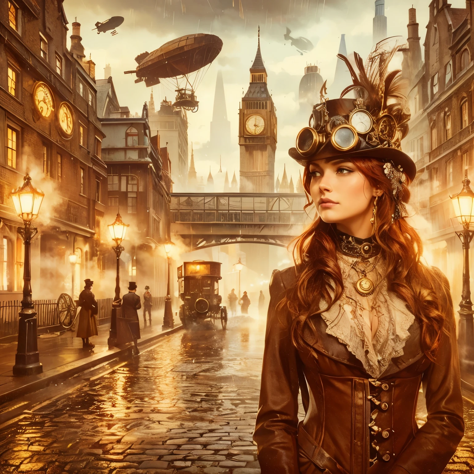 London street in the late 1800s, but with a steampunk twist. Think towering clockwork buildings with smokestacks puffing out steam, gaslight lamps casting an orange glow, and airships gliding silently overhead. Cobblestones slick with rain reflect the gaslight and bustling activity. Character: A beautiful woman with an air of confidence and purpose. Describe her distinct features and steampunk attire. Here are some options: Crimson hair cascading down her shoulders, adorned with gears and a miniature brass monocle perched on one eye. Dressed in a long, flowing coat of worn leather, accented with polished brass buckles and intricate clockwork patterns woven into the fabric. Goggles rest on her forehead, and sturdy riding boots with built-in steam pistons propel her bicycle