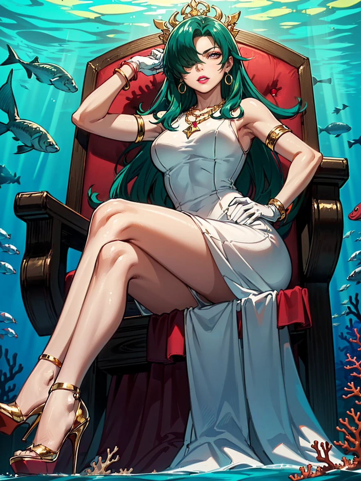 ((1girl, solo ,alone, long hair, green hair, yellow eyes, hair covering one eye, long gloves, white gloves, woman, (one hand on her hip, one hand behind her head) , dynamic pose, muscular female, gold bracelets, ruby earrings)), ((solo, 1woman, pink lipstick, Extremely detailed, ambient soft lighting, 4k, perfect eyes, a perfect face, perfect lighting, a 1girl)), austere, ((sitting on a throne, ((legs crossed, high heels, underwater, submerged in the ocean, deep sea, sea creatures, aqua)), sitting on her throne under; water, sea queen, mu yanling, Krenz Cushart and Artgerm, ((fish, coral)), shark, turtle, algae)), ((long dress, elegant white dress , formal dress, white dress, bracelets, ruby earrings, gold necklace, diamond, sovereign))