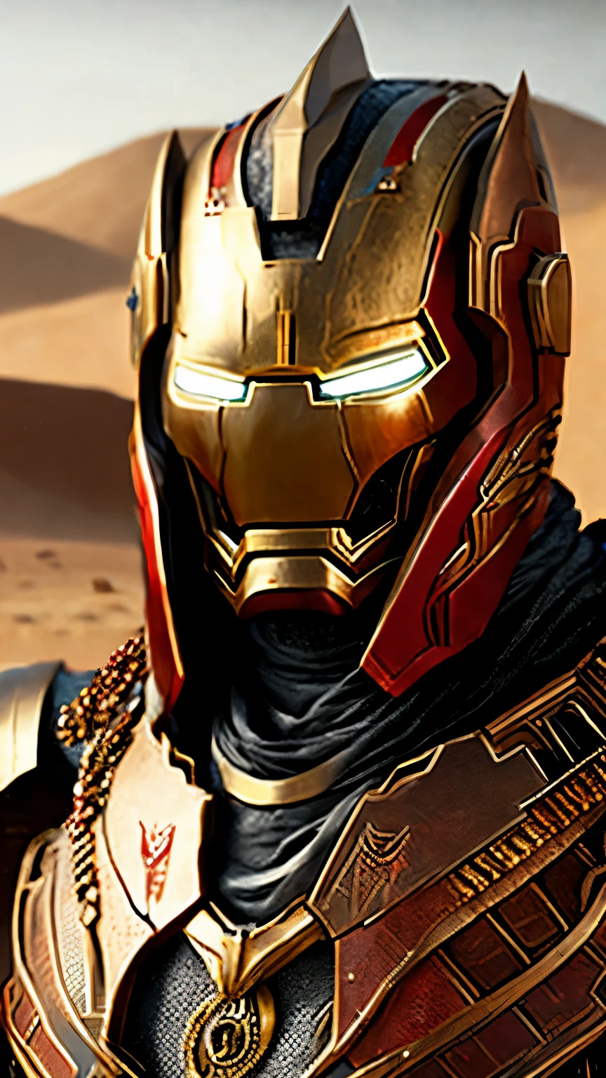 Nahaufnahme (Egypten Iron Man im Wikinger-Stil: 1.3) taucht aus nassem schwarzem Schlamm auf, extremely detailed, Rauch, Funken, Metallspäne, flying debris, volumetrisches Licht, in Rot, White, Schwarz, gold, 8k Ultra HD Grafik, in the desert