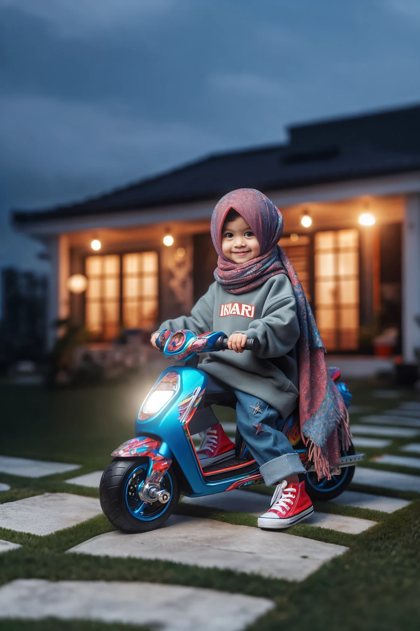 arafed on a blue scooter in front of a house, mid shot portrait, reyyan, portrait shot, kid, high quality portrait, little kid, bright light masterpiece, home photography portrait, photo portrait, inspired by Fathi Hassan, shot on canon eos r5, shot on canon eos r 5, close up portrait shot, closeup portrait shot