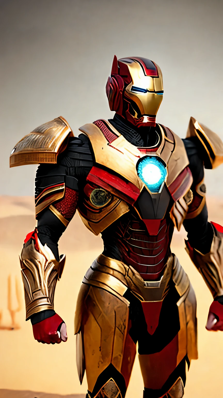 Nahaufnahme (Egypten Iron Man im Wikinger-Stil: 1.3) taucht aus nassem schwarzem Schlamm auf, extremely detailed, Rauch, Funken, Metallspäne, flying debris, volumetrisches Licht, in Rot, White, Schwarz, gold, 8k Ultra HD Grafik, in the desert