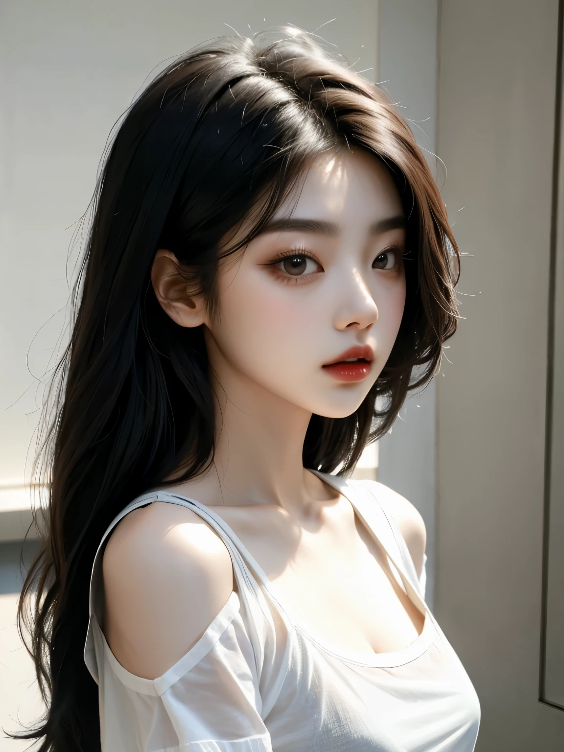 MASTERPIECE,Best),Light effect,superclear, the high，-definition picture, (front face) solo,_Kim Ji-ni Jennie face，black hair，Wear a black T-shirt，Off-bshoulders，front face，ID photo，upper Body，whitebackground