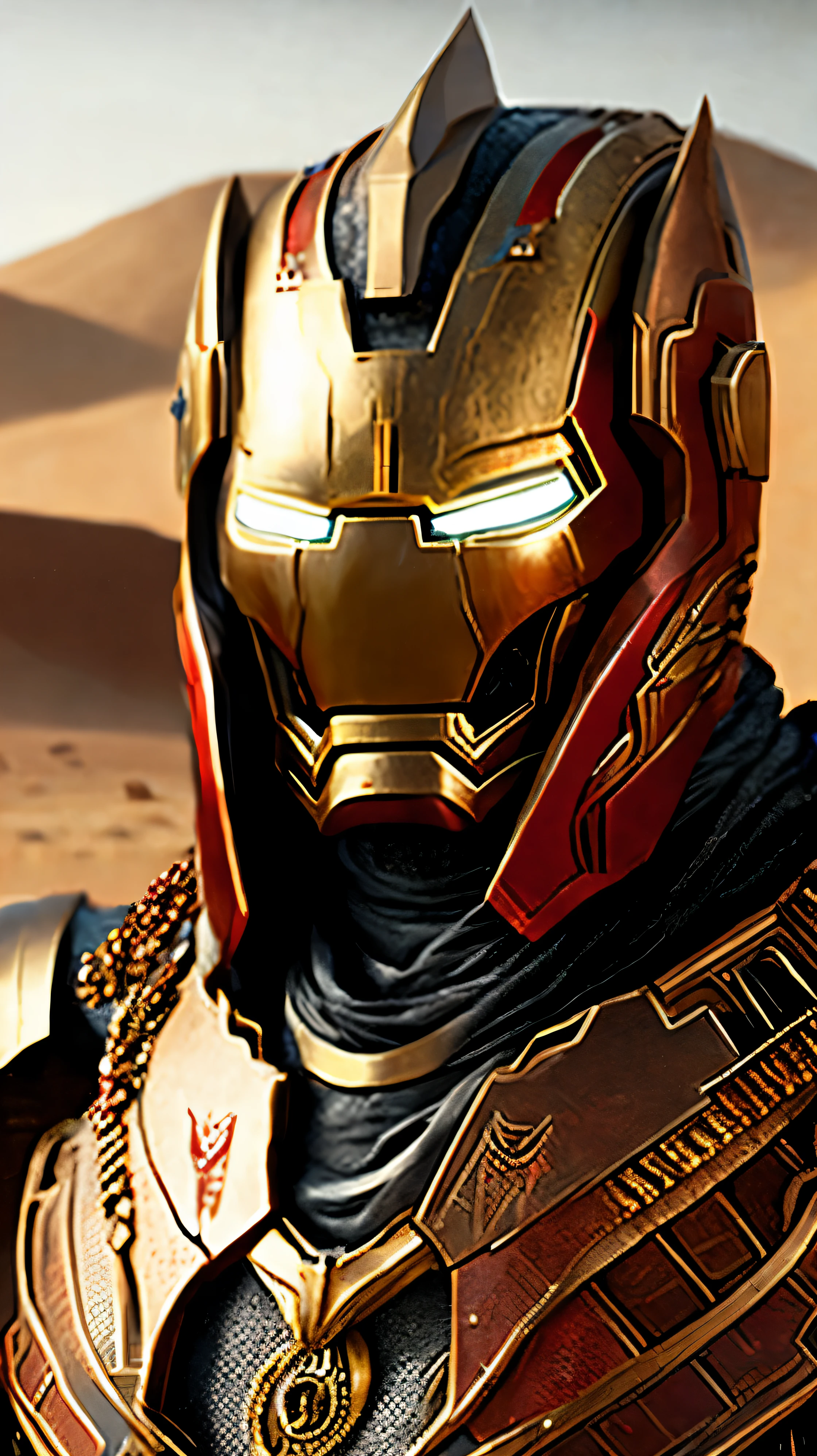 Nahaufnahme (Egypten Iron Man im Wikinger-Stil: 1.3) taucht aus nassem schwarzem Schlamm auf, extremely detailed, Rauch, Funken, Metallspäne, flying debris, volumetrisches Licht, in Rot, White, Schwarz, Gold, 8k Ultra HD Grafik, in the desert