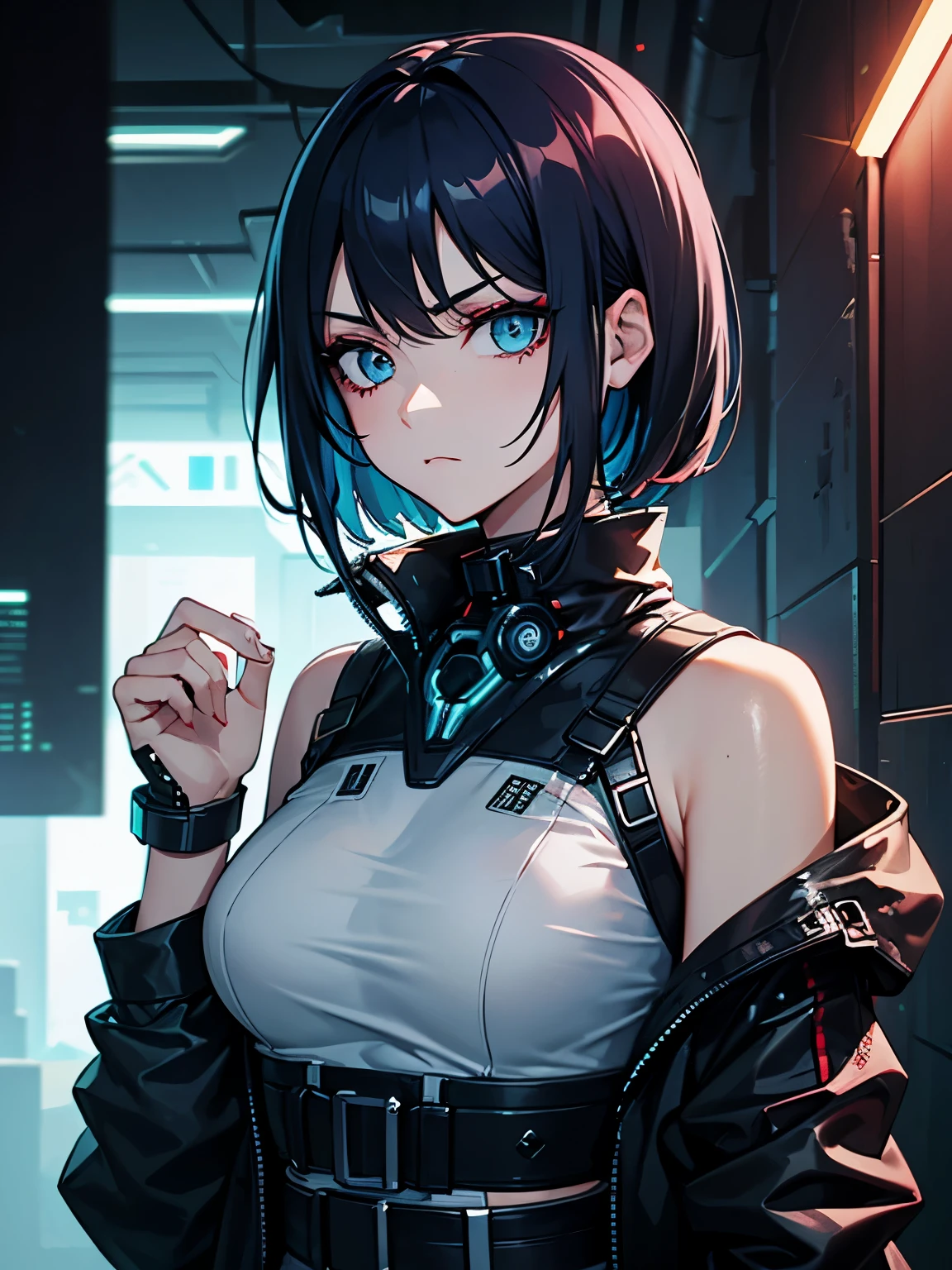 (obra de arte), (melhor qualidade), 1 girl, short hair, dark blue hair, sharp eyes, red makeup, blue eyes, serious expression, relaxed hands, cyberpunk clothes(white, yellow), cyberpunk background, cyan lights