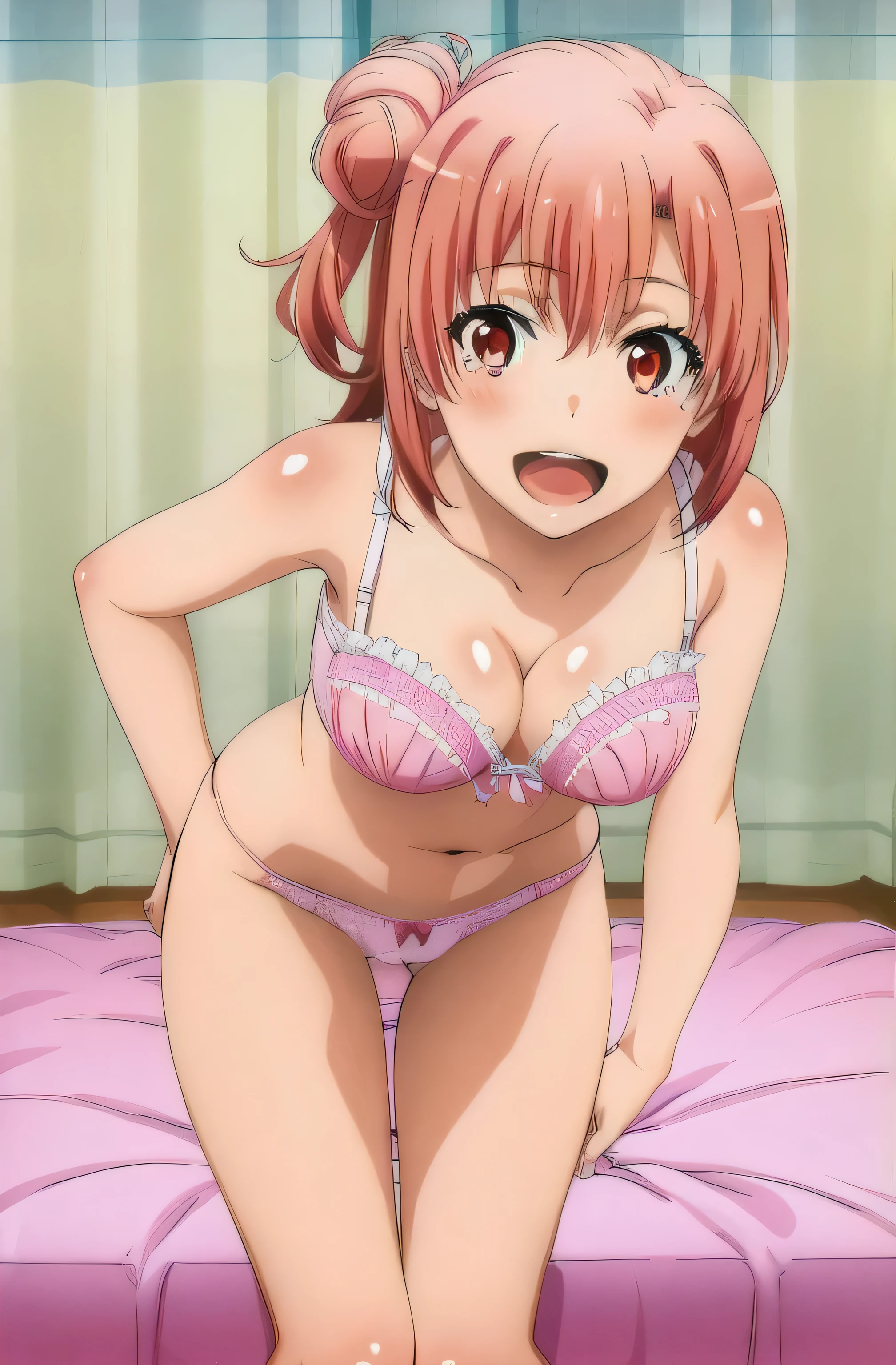 1 girl , Yuigahama Yui , open your mouth, bed,pink lace bra,big breasts,pink panties,(pussy cameltoe in panties),leaning forward,whole body,smile,