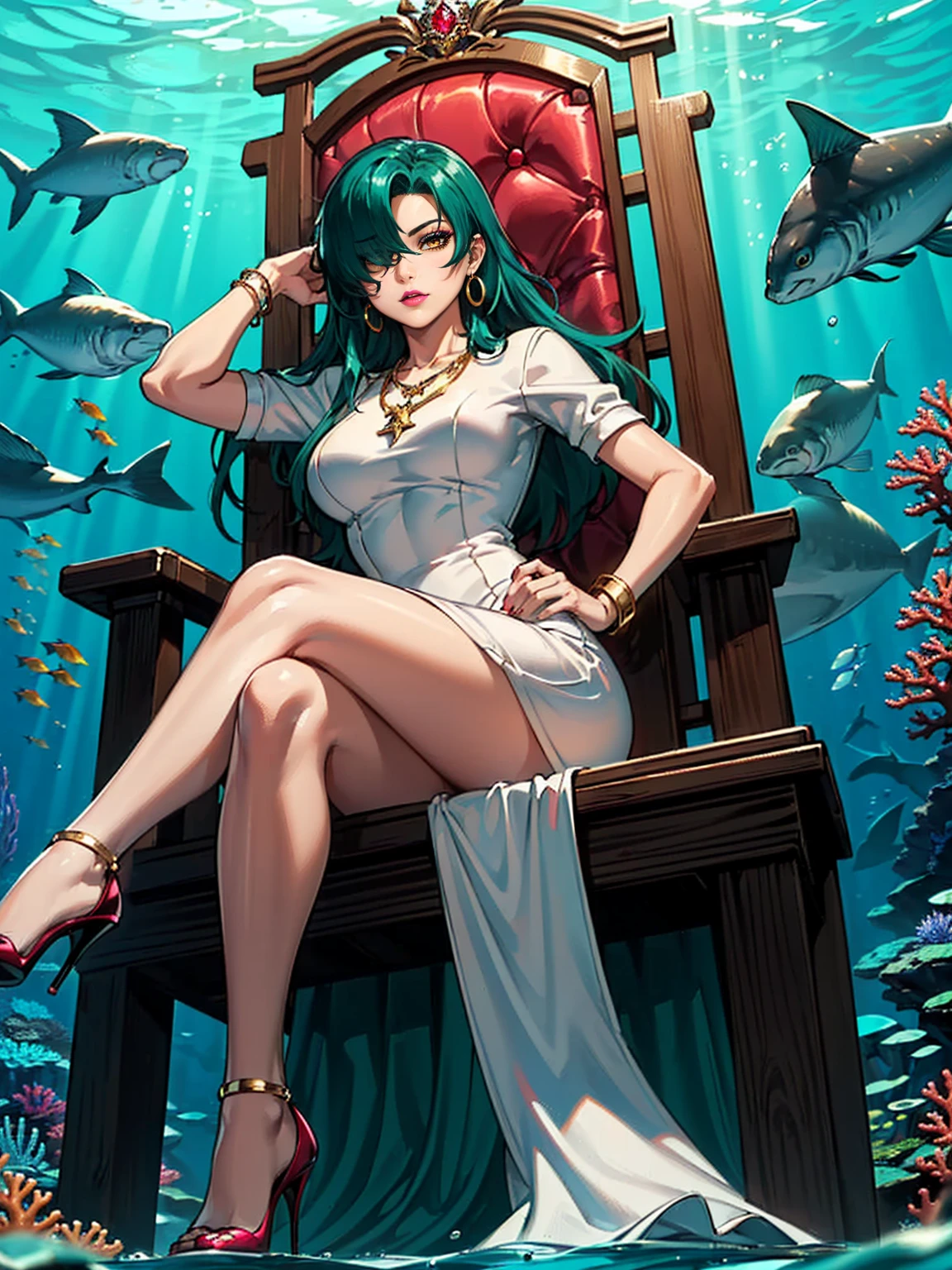 ((1girl, solo ,alone, long hair, green hair, yellow eyes, hair covering one eye, woman, (one hand on her hip, one hand behind her head) , dynamic pose, muscular female, gold bracelets, ruby earrings)), ((solo, 1woman, pink lipstick, Extremely detailed, ambient soft lighting, 4k, perfect eyes, a perfect face, perfect lighting, a 1girl)), austere, ((sitting on a throne, ((legs crossed, high heels, underwater, submerged in the ocean, deep sea, sea creatures, aqua)), sitting on her throne under; water, sea queen, mu yanling, Krenz Cushart and Artgerm, ((fish, coral)), shark, turtle, algae)), ((long dress, elegant white dress , formal dress, white dress, bracelets, ruby earrings, gold necklace, diamond, sovereign))