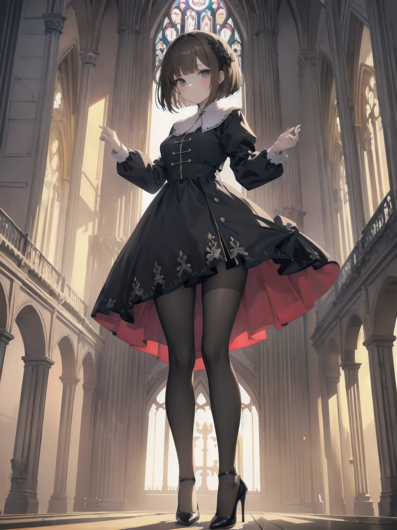(Ultimate masterpiece), (Superb quality), (Ultra-detailed), High resolution, Ultimate beauty, High saturation, Vivid,.
Artistic AI Art Galaxy、one girl、dynamic pose、
1 beautiful girl, (cute girl), (thighs, black tights), (high heels), (cathedral dress), convent dress,
Super smile, brown hair, one length bob cut braided, (standing, dynamic pose), (dainty pose, super cute), oldest and historic place of worship, indoor background,
Fashion magazine shoot, professional shading, best illustration of her looking pretty.