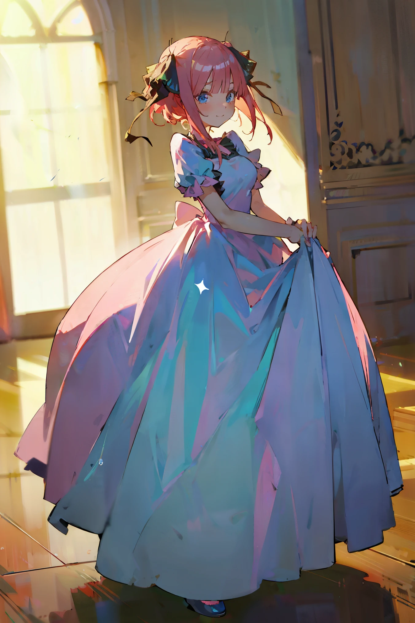 Nino Nakano、pink hair、hair ribbon、a smile、flowing ballgown, iridescent splendid dress, masterpiece, 4k, ultradetailed, cowboy shot, blue headset around neck, one strand of hair across her face, blue eyes, innocent, tender, lovely, dynamic pose, interesting pose, expressive face, full body, cute, flowing iridescent ballgown, pretty ballgown dress