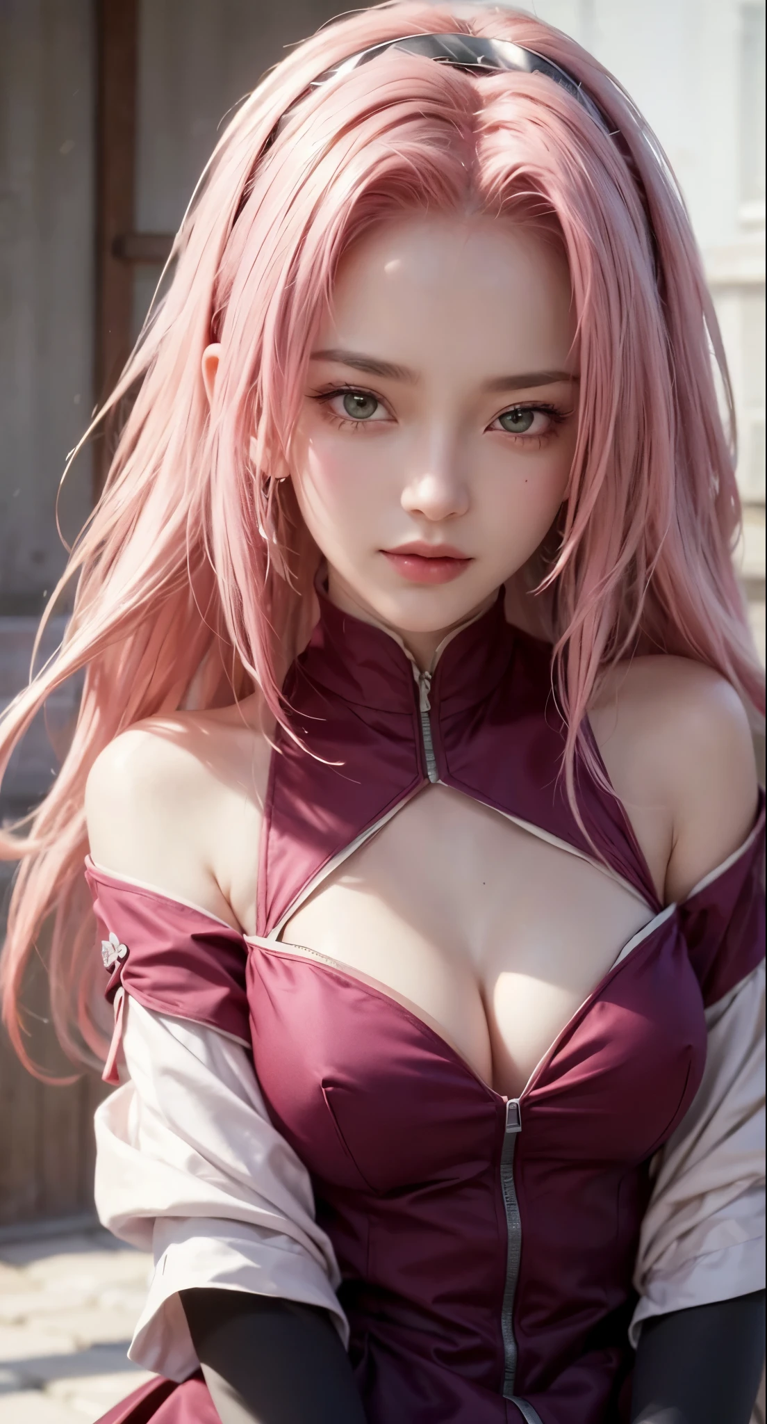 1girl, (8k, RAW photo, best quality, masterpiece:1.2), (ultra highres:1.0),detailed illustration, (real person,fashion photography portrait,photograph), detailed, detailed beautiful skin, (realistic, photo-realistic:1.37), SakuraNS, solo, professional lighting, pink dress with flower), village, east asian architecture, trees, village hidden in the leaves background,looking_at_viewer, smile, forehead flower,red_hairband,pink hair,green eyes,mitain,toeless footwear,kunai,facial mark,konohagakure symbol,fighting_stance,fence,ninja,adjusting gloves,sleeveless,cleavage,anime photos realistic.best qualiti higt .detail skin ,realistic in sakura haruno, Wear a skirt,