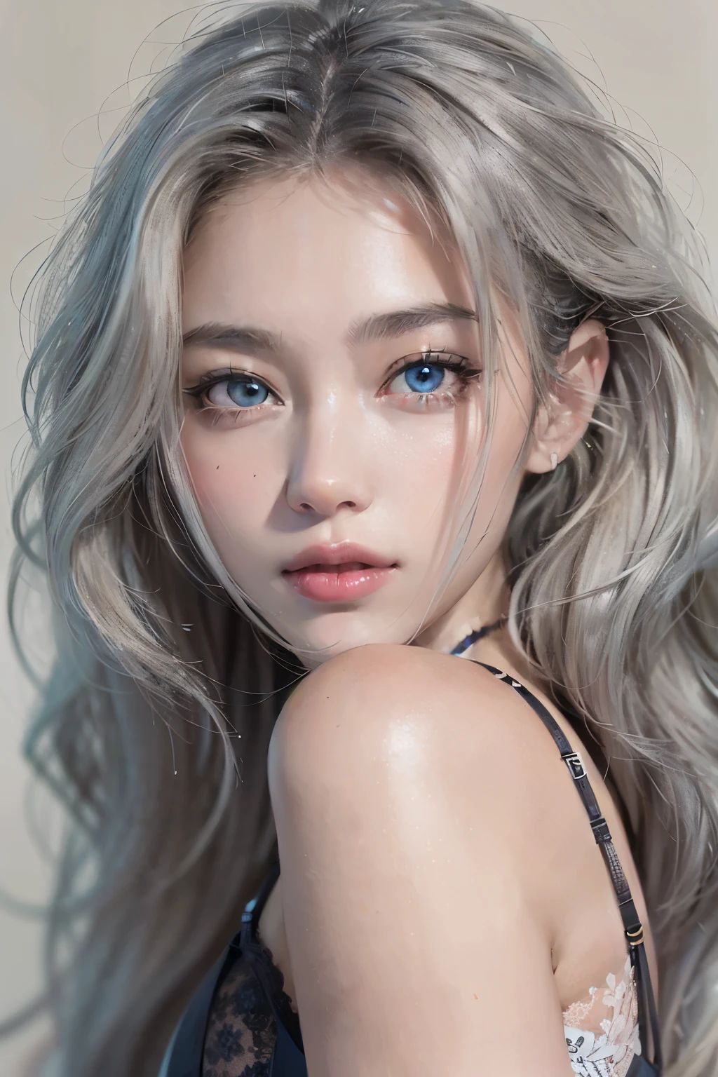 chef-d'artwork, 8K, HD, realistic, super detailed, portrait, 22 ans, Belle femme européenne, Silver hair, Long messy hair, yeux verts, Des traits du visage exquis, peau de porcelaine impeccable, taches de rousseur, cinema lighting