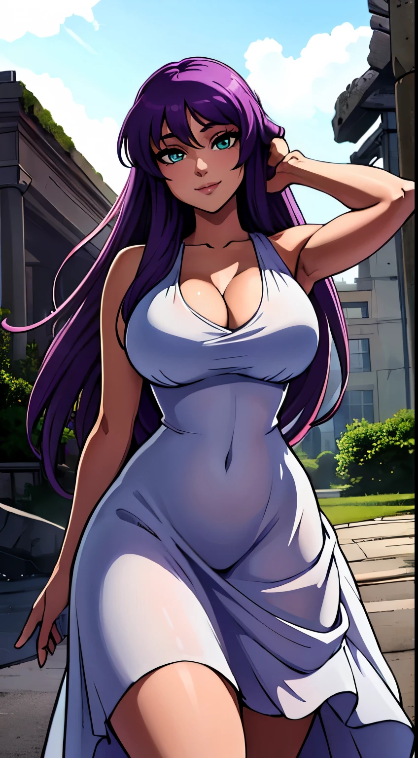 (best quality:1.3), Saori Kido, busty, smile, , Curvy body, (ruins), (( dress)), (pov american plan)
