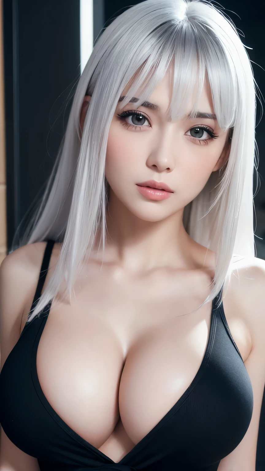 (RAW photo) girl in a sexy t-shirt, I compressed her breasts with Armedium&#39;s chest.), cleavage, medium long hair, (Silver-white hair), upper body photo, realistic light, surreal, highest quality, 8k, ((fine hands)), correct anatomy.