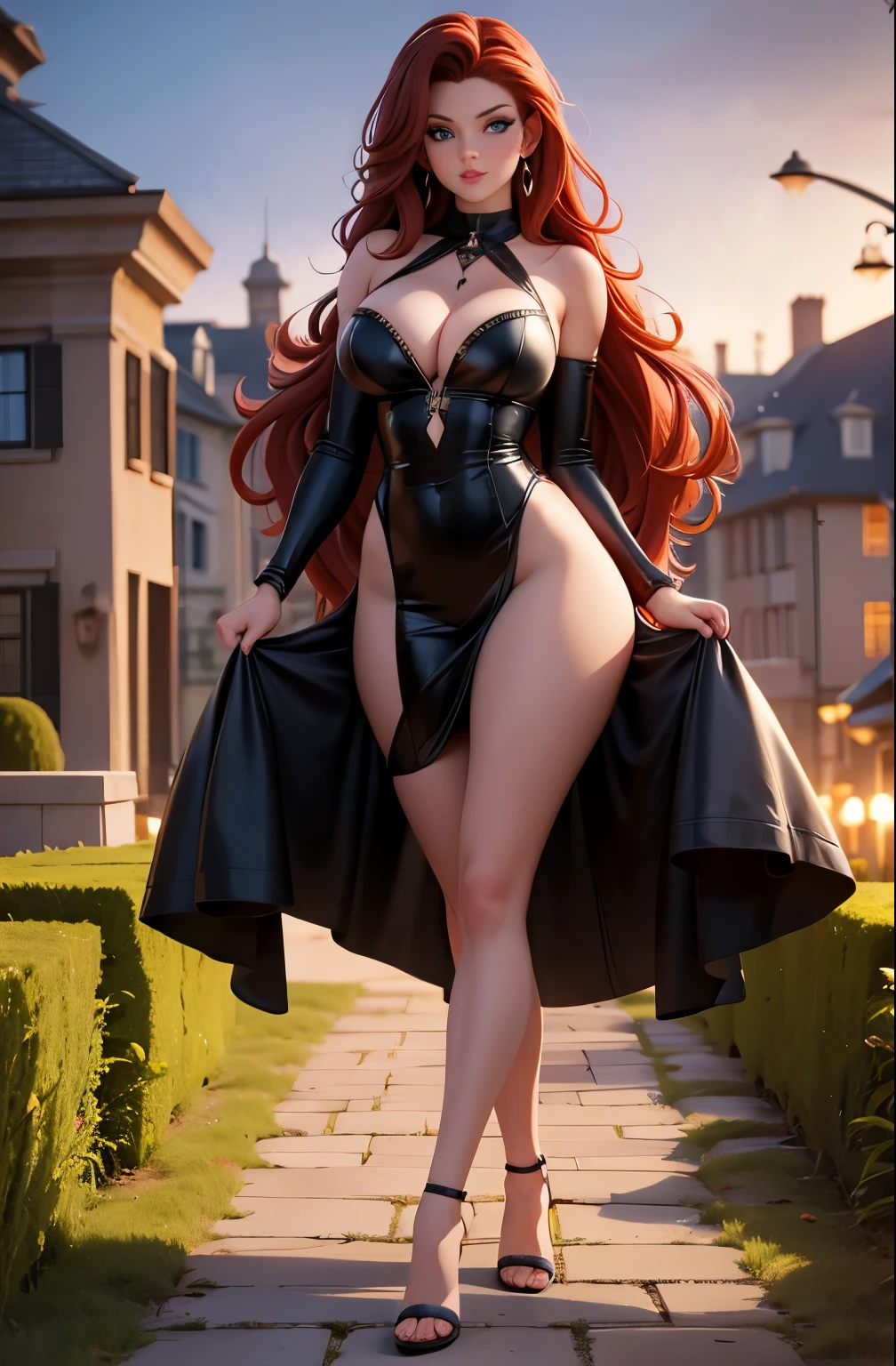 (best quality,4k,8k,highres,masterpiece:1.2),ultra-detailed,(realistic,photorealistic,photo-realistic:1.37), 21 years old woman, long and smooth red tone hair, bright blue eyes, extremely detailed eyes, beautiful detailed lips, elegant black dress, big , big ass, big hip, nsfw, Background garden in the night, full body image.