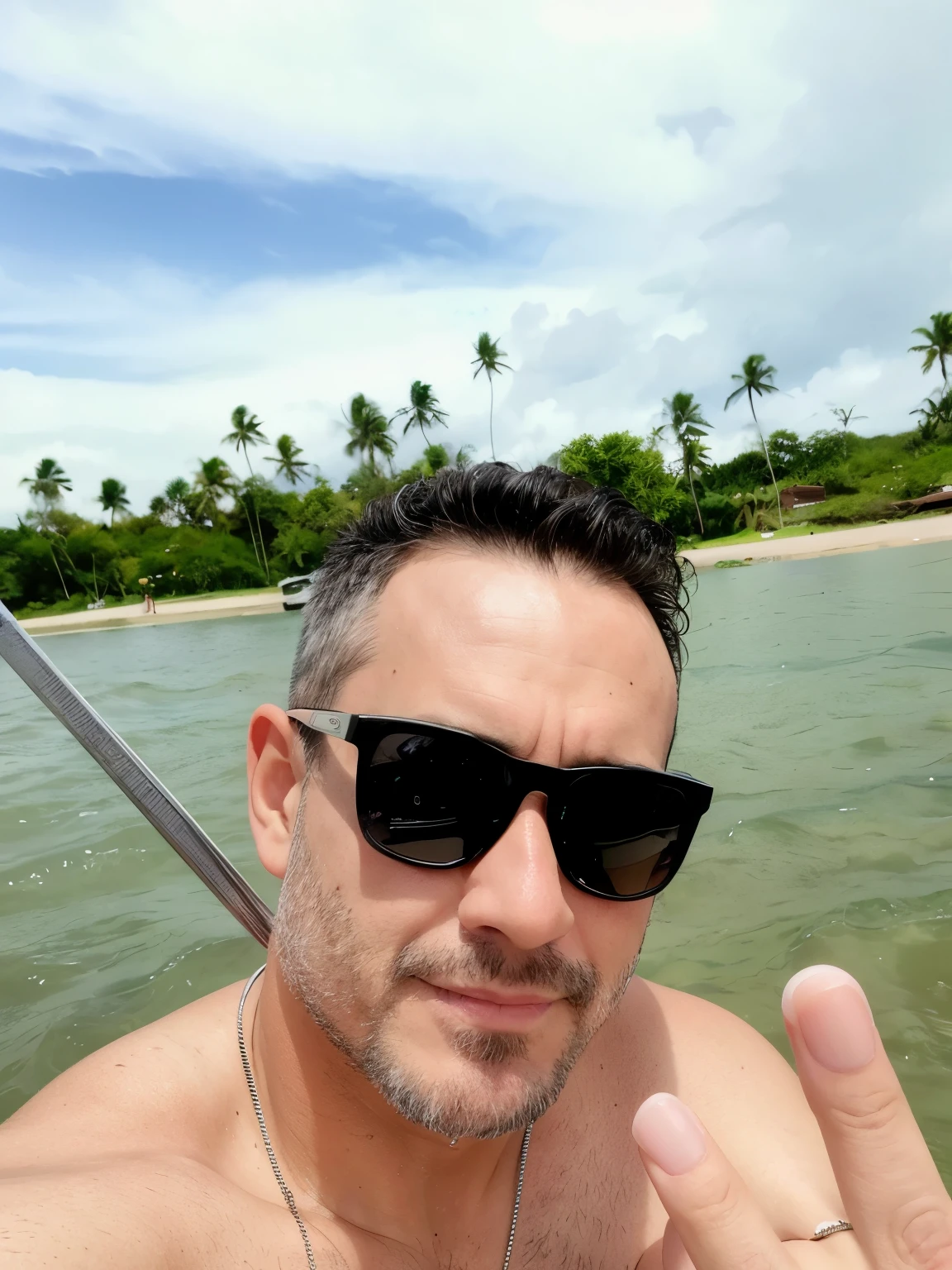 There is a man who is sitting in a boat giving the peace sign, Homem de 4 0 anos, Homens de 45 anos, cerca de 3 5 anos, 3 2 anos, 3 6 anos, 38 anos, vacation photo, Homem de 30 anos, Homem de 26 anos em um veleiro, 3 5 anos, Porto Rico
