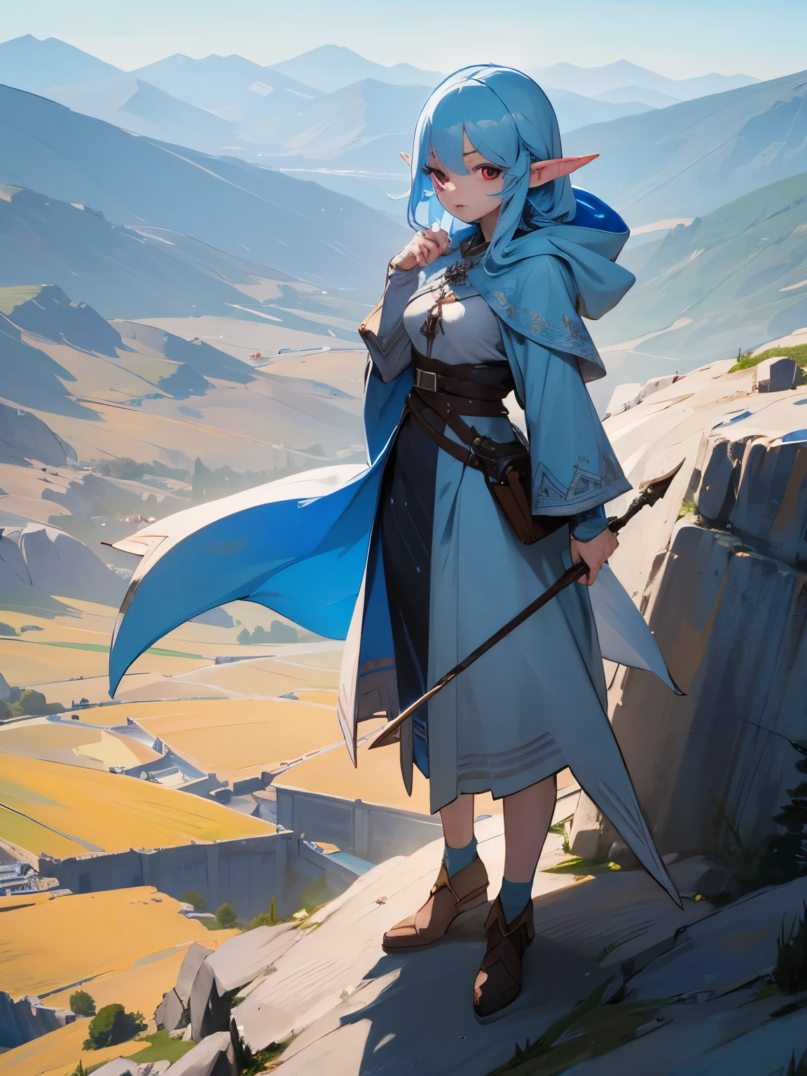 1girl, light blue hair, red eyes, (elf), (cute face), beautiful, hood, (detailed face), full body, medieval, mountains background, hand apropiate