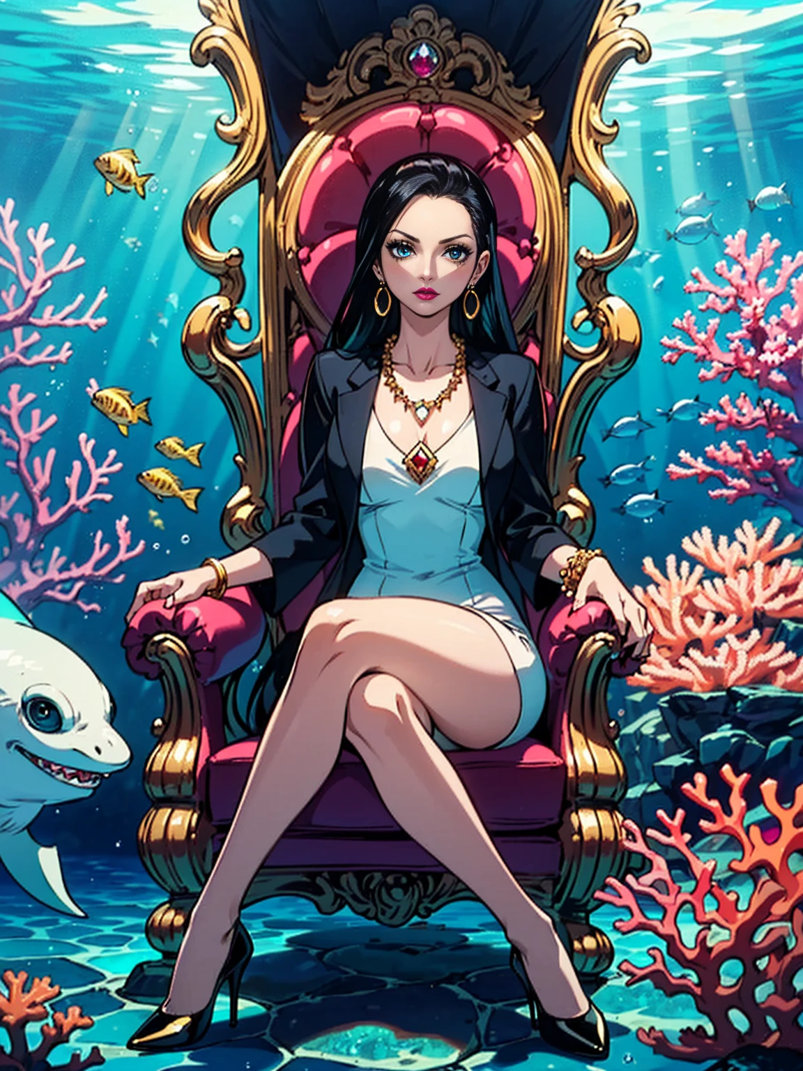 ((1girl, solo ,alone, long hair, black clothes, pink lipstick, Nico Robin, flower in her hair, woman, (one piece) , dynamic pose,fitness, gold bracelets, ruby earrings)), ((solo, 1woman, pink lipstick, Extremely detailed, ambient soft lighting, 4k, perfect eyes, a perfect face, perfect lighting, a 1girl)), austere, ((sitting on a throne, ((legs crossed, high heels, underwater, submerged in the ocean, deep sea, sea creatures, aqua)), sitting on her throne under; water, sea queen, mu yanling, Krenz Cushart and Artgerm, ((fish, coral)), shark, turtle, algae)), ((long dress, elegant white dress , formal dress, white dress, bracelets, ruby earrings, gold necklace, diamond, sovereign))