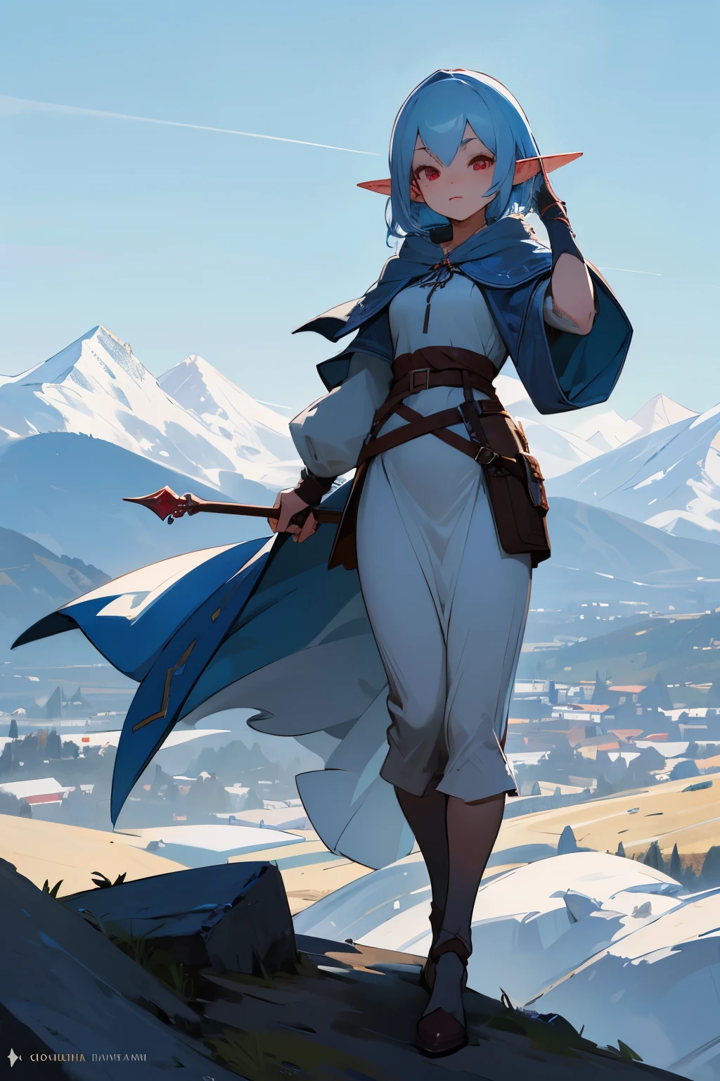 1girl, light blue hair, red eyes, (elf), (cute face), beautiful, hood, (detailed face), full body, medieval, mountains background, hand apropiate
