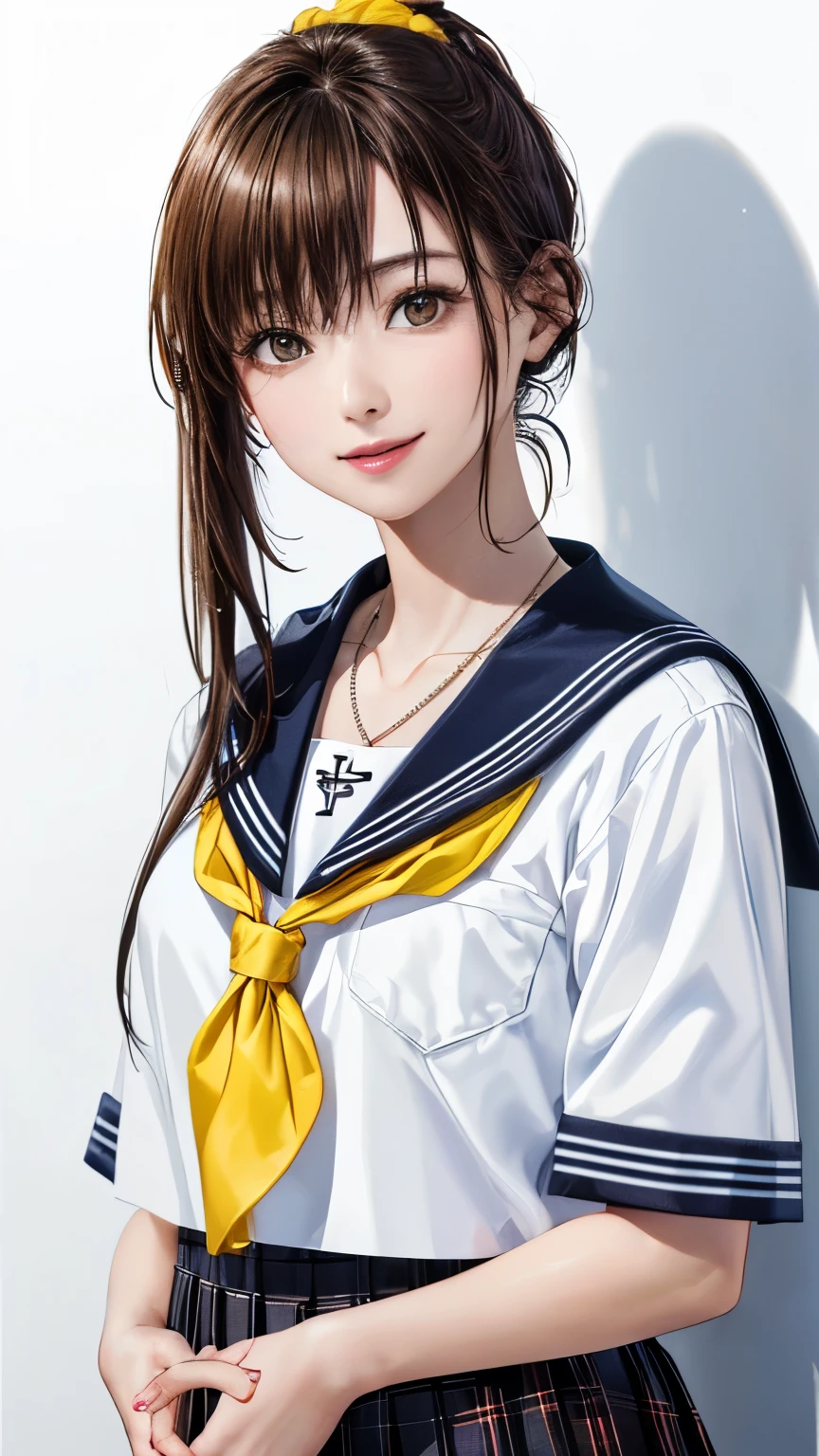 (highest quality、8k、32K、masterpiece)、(realistic)、(Photoreal:1.2)、(High resolution)、Super detailed、very beautiful face and eyes、1 girl、round and small face、thin waist、delicate body、(close、highest quality、high detail、rich skin details)、(highest quality、8k、oil paint:1.2)、Super detailed、(realistic、realistic:1.37)、bright colors、(((brown hair)))、(((full body shot)))、(((long hair)))、(((pure white wall background)))、(((pure white wall background)))、(((wear a sailor suit)))、(((I'laughter)))、(((Wearing a short-sleeved sailor suit)))、(((look straight ahead)))、(((I have brown hair)))、(((Wearing a heart necklace)))、(((she is wearing a sailor suit)))、(((her hair is tied up with a yellow scrunchie)))、(((Both hands are in front of the waist)))、(((I can see the side)))、(((plaid pleated skirt)))、(((mini skirt)))、(((I'Iは黒いニーソックスを履いています)))
