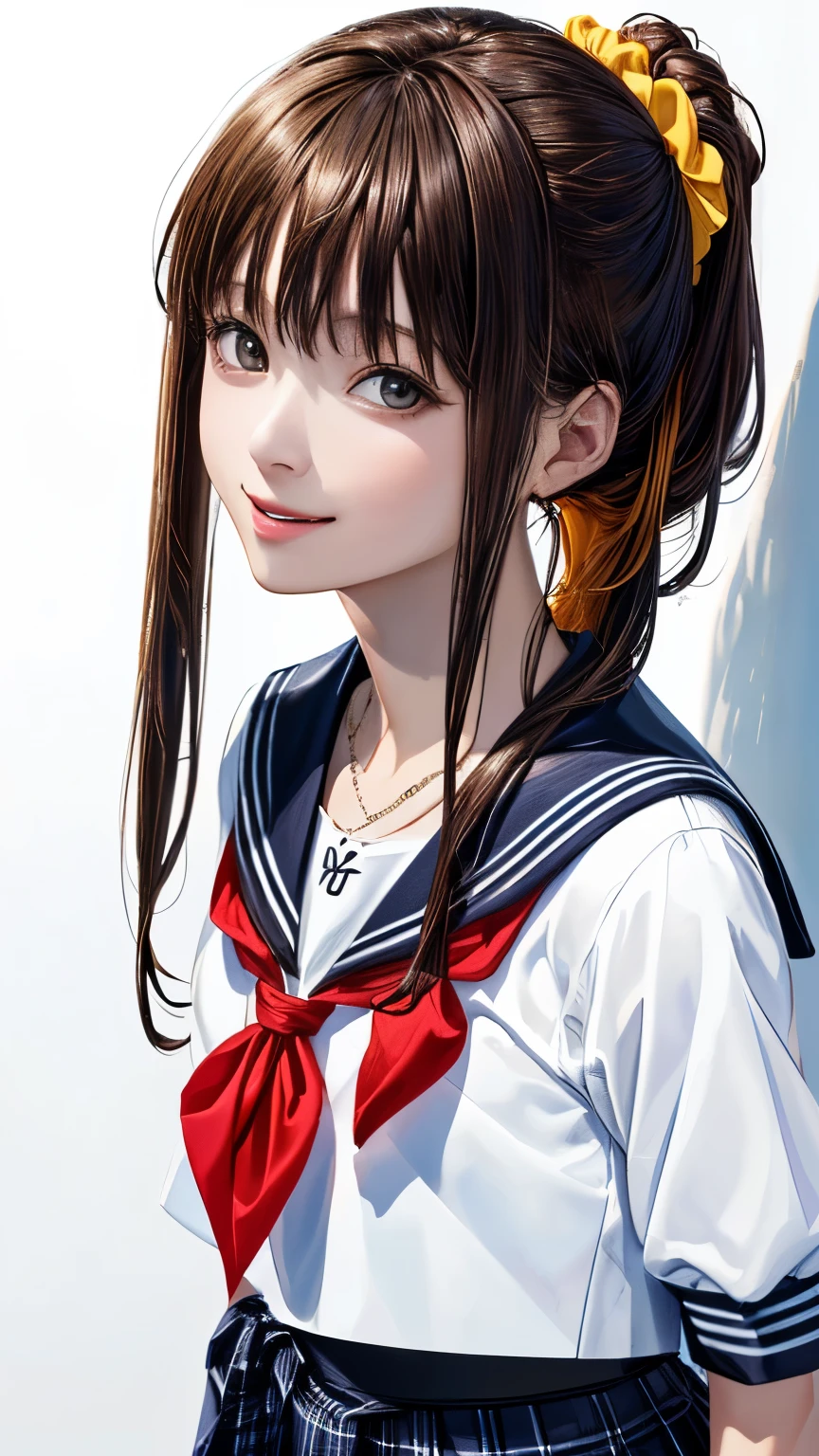 (highest quality、8k、32K、masterpiece)、(realistic)、(Photoreal:1.2)、(High resolution)、Super detailed、very beautiful face and eyes、1 girl、round and small face、thin waist、delicate body、(close、highest quality、high detail、rich skin details)、(highest quality、8k、oil paint:1.2)、Super detailed、(realistic、realistic:1.37)、bright colors、(((brown hair)))、(((full body shot)))、(((long hair)))、(((pure white wall background)))、(((pure white wall background)))、(((wear a sailor suit)))、(((I&#39;laughter)))、(((Wearing a short-sleeved sailor suit)))、(((look straight ahead)))、(((I have brown hair)))、(((Wearing a heart necklace)))、(((she is wearing a sailor suit)))、(((her hair is tied up with a yellow scrunchie)))、(((Both hands are in front of the waist)))、(((I can see the side)))、(((plaid pleated skirt)))、(((mini skirt)))、(((I&#39;Iは黒いニーソックスを履いています)))