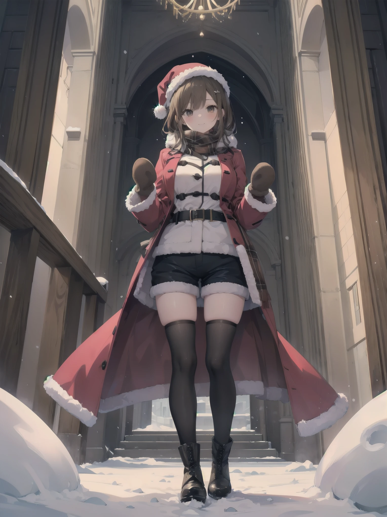 (Ultimate masterpiece), (Superb quality), (Ultra-detailed), High resolution, Ultimate beauty, High saturation, Vivid,.
 
 
1 girl, solo, wide angle, full body, large breasts, smile, brown hair, bright brown eyes, mittens, plaid scarf, duffel coat, corduroy shorts, thigh high socks, short boots, winter, snow, church, christmas season, christmas tree, nice hands, perfect hands,