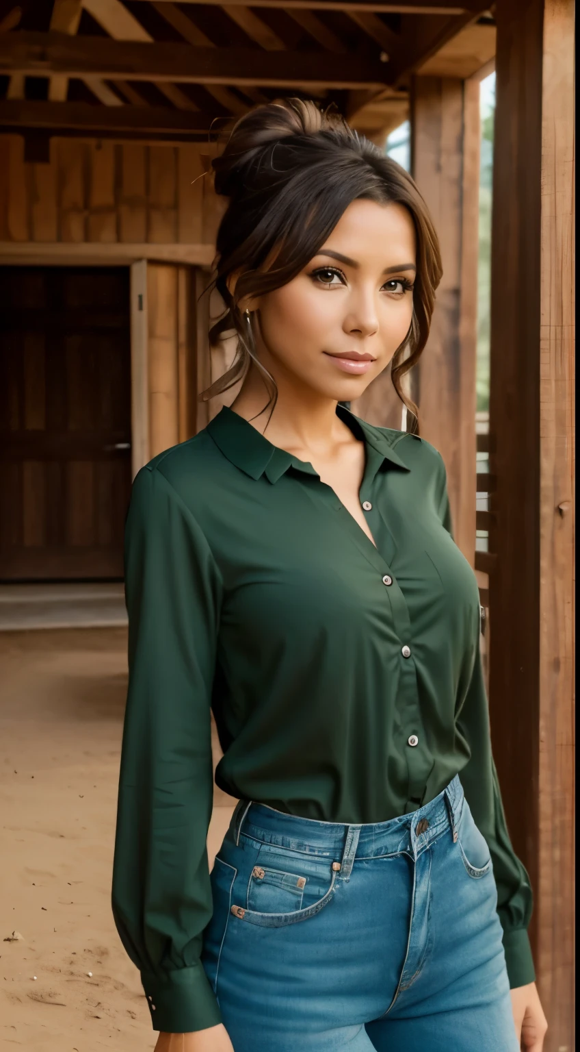 Foto hiperrealista en primer plano de Eva Longoria,  masterpiece, best quality, (photorealistic:1.4), (denim jeans1.2), (green long sleeves blouse:1.2), desert desert, cinematic light, beautiful woman, skinny, medium breasts, straight brown hair, hair tied in a bun, detailed face, smile, photo taken from a distance, age 20 tears old