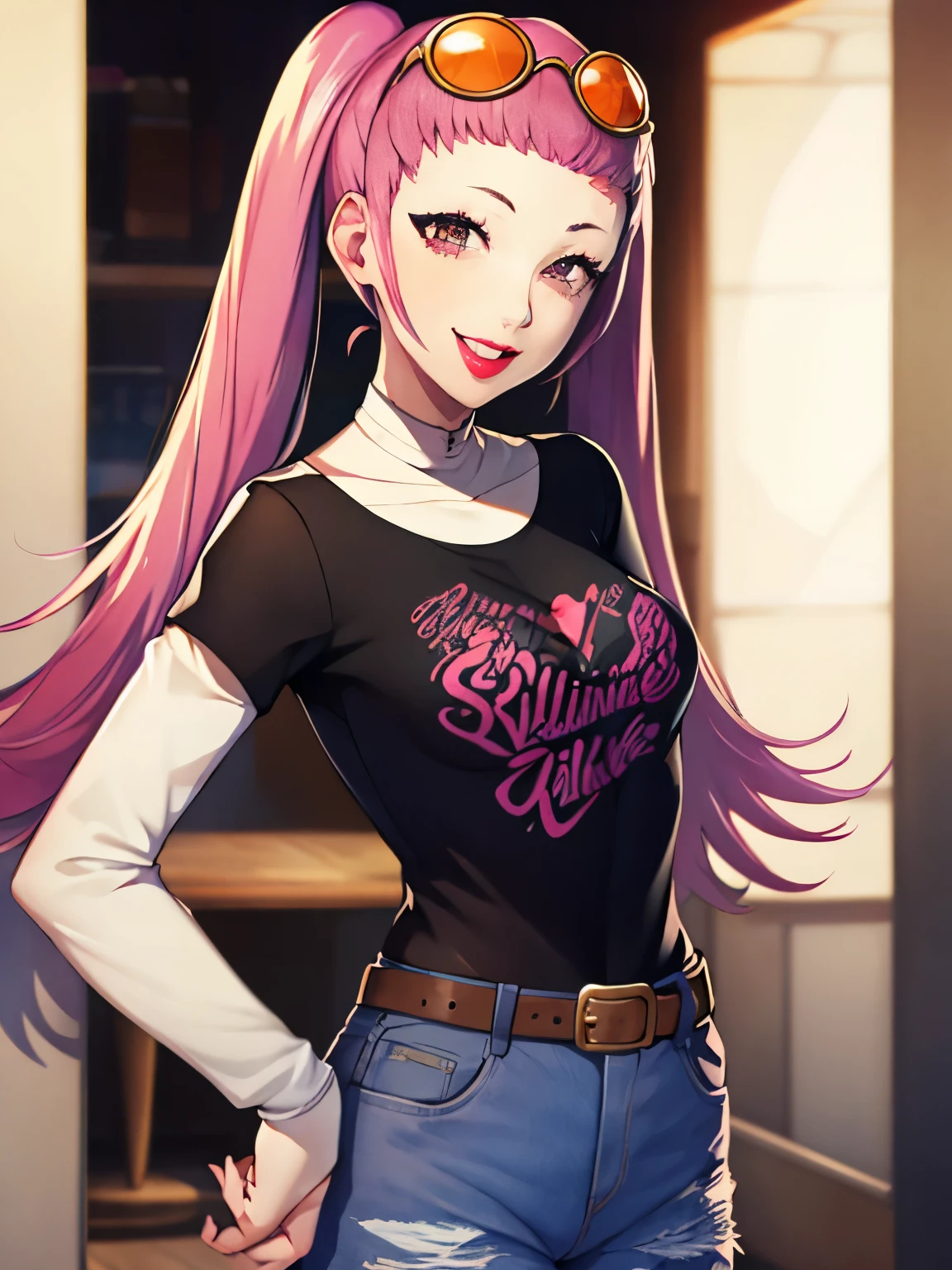 hilda valentine goneril ,smile, twintails, 1girl, solo, standing, black t-shirt, white shirt, jeans, belt, lipstick, eyewear on head,