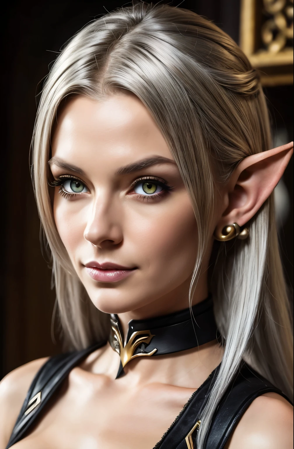 (Meisterwerk, digital art) Face of Steamgirl Kato as silver hair, golden eyes, elven high elf, very small ears, fantasy evil temting princess