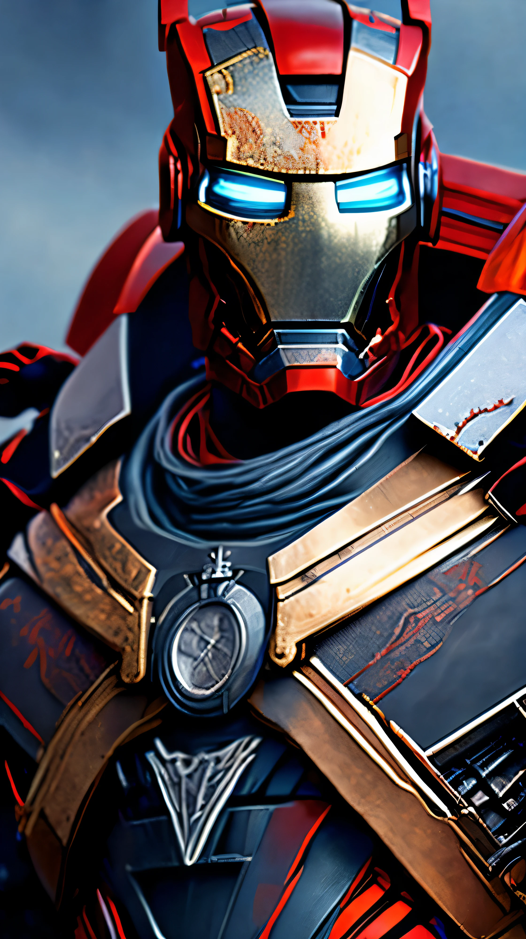 Nahaufnahme (Dutch Iron Man in Viking style: 1.3) taucht aus nassem schwarzem Schlamm auf, extremely detailed, Rauch, Funken, Metallspäne, flying debris, volumetrisches Licht, in Rot, White, blau, orange, in 8k Ultra HD Grafik,