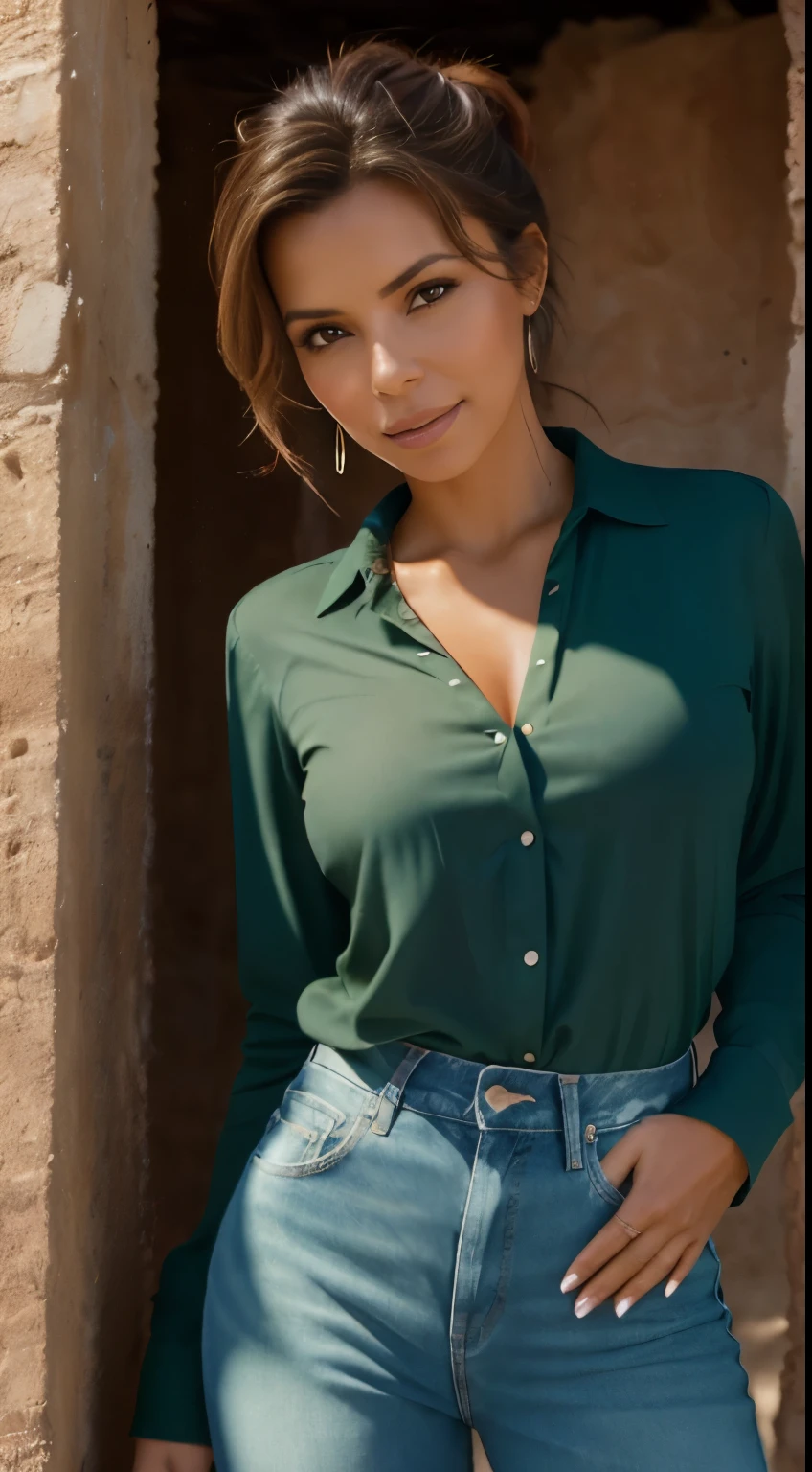 Foto hiperrealista en primer plano de Eva Longoria,  masterpiece, best quality, (photorealistic:1.4), (denim jeans1.2), (green long sleeves blouse:1.2), desert desert, cinematic light, beautiful woman, skinny, medium breasts, straight brown hair, hair tied in a bun, detailed face, smile, photo taken from a distance, age 20 tears old